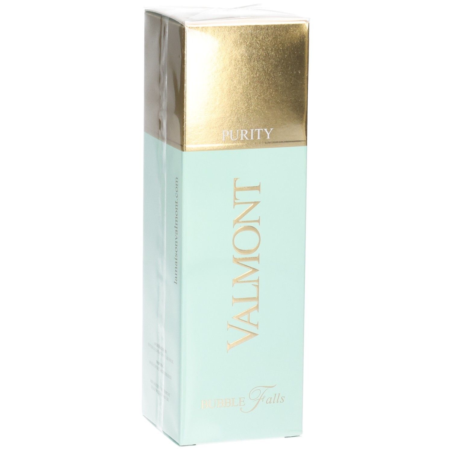 Confezione Valmont Bubble Falls con tappo dorato, corpo verde menta e nome del prodotto.