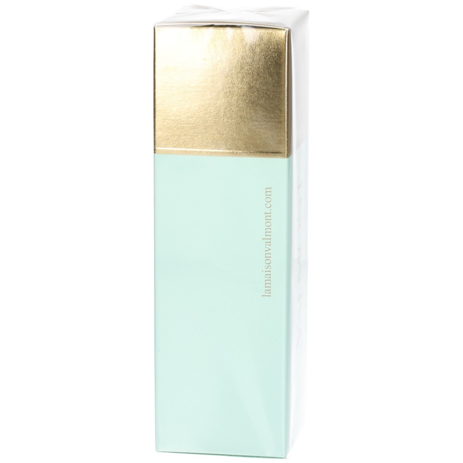 Confezione Valmont Fluid Falls, verde menta con tappo dorato, retro con sito web.