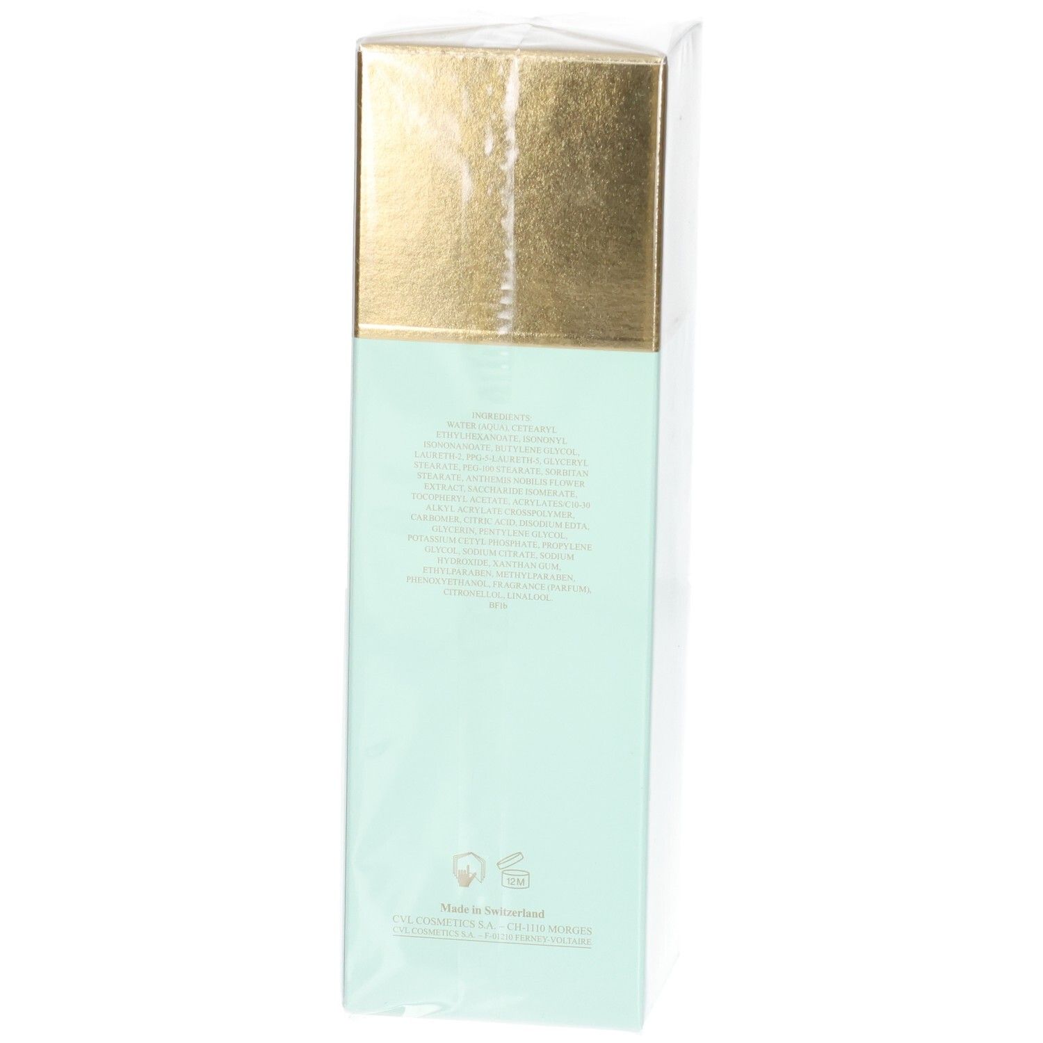 Confezione Valmont Fluid Falls, verde menta con tappo dorato, retro con testo.