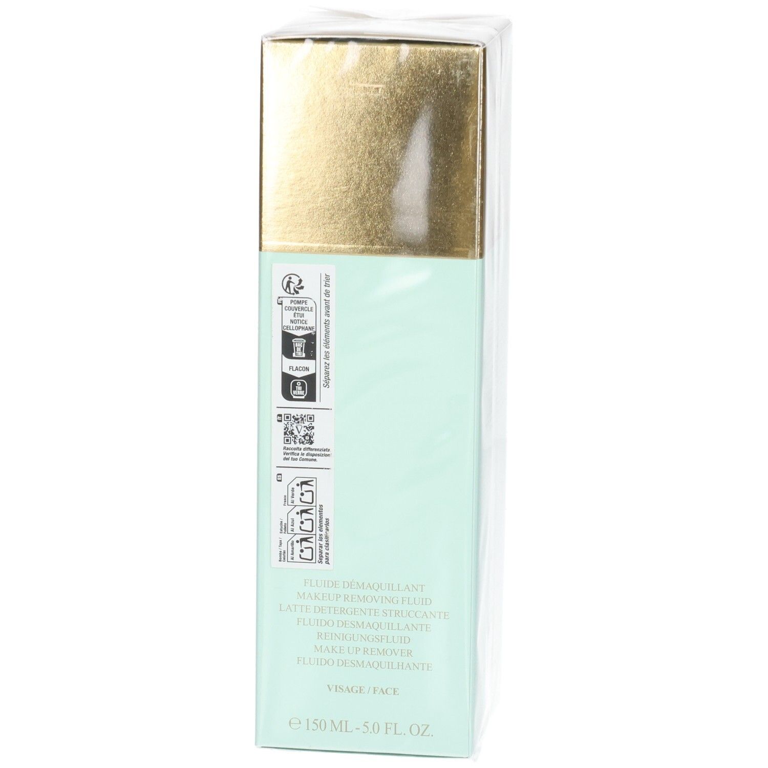 Confezione Valmont Fluid Falls, verde menta con tappo dorato, retro con simboli e testo.