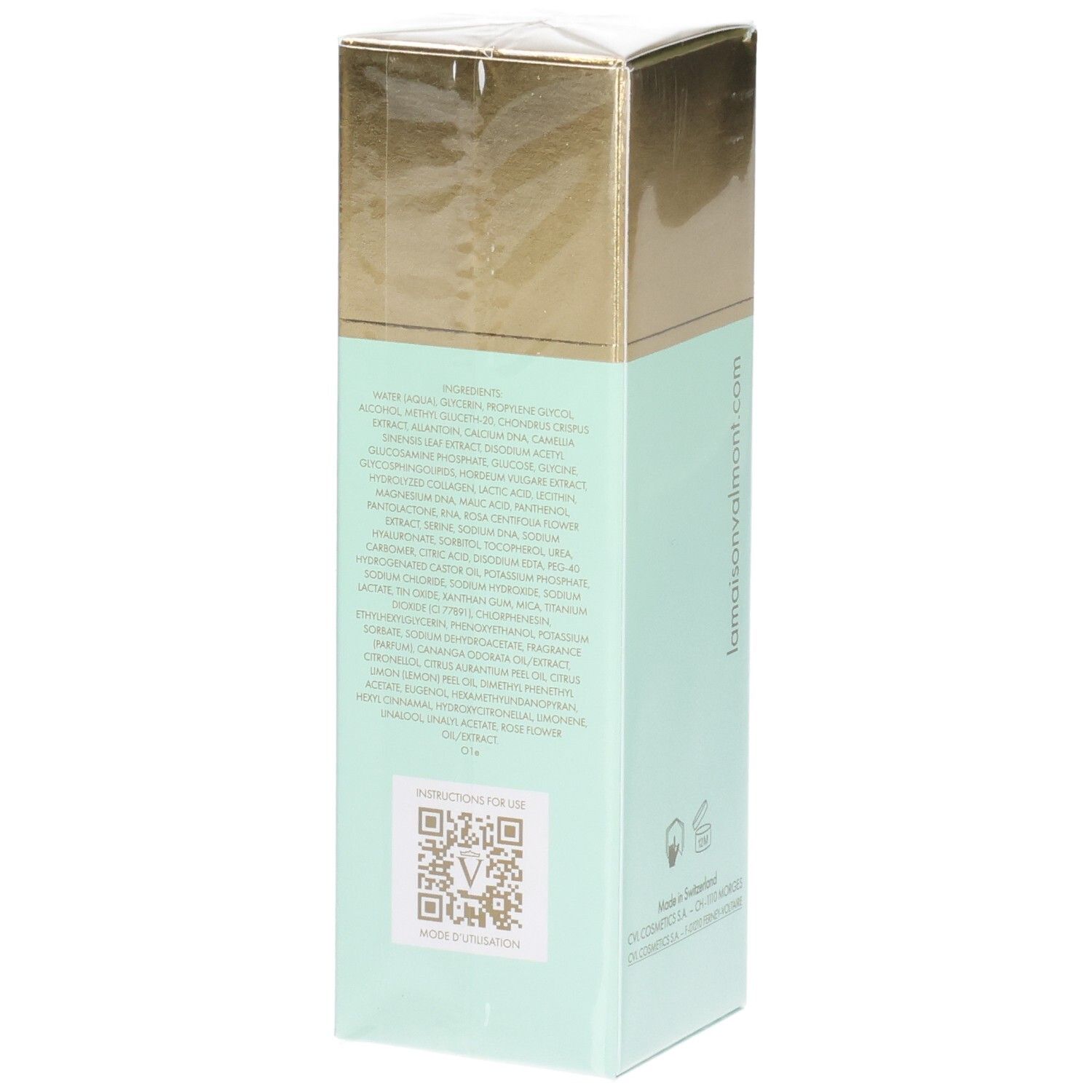 Scatola Valmont Hydra³ Regenetic Serum. Lato con elenco ingredienti e codice QR.
