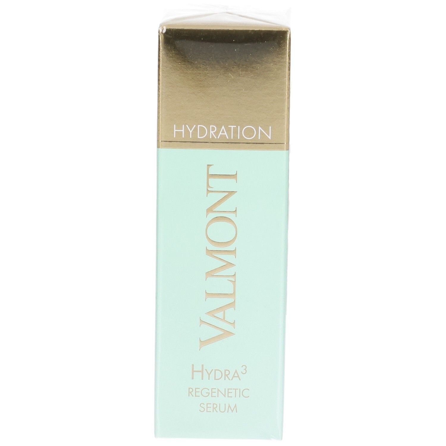 Scatola Valmont Hydra³ Regenetic Serum. Verde chiaro e oro. "Hydration" e nome del marchio.
