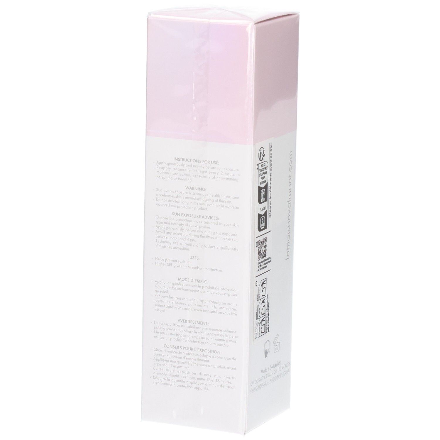 Lato della confezione Valmont Luminosity LumiCity SPF50 Crema giorno con istruzioni.