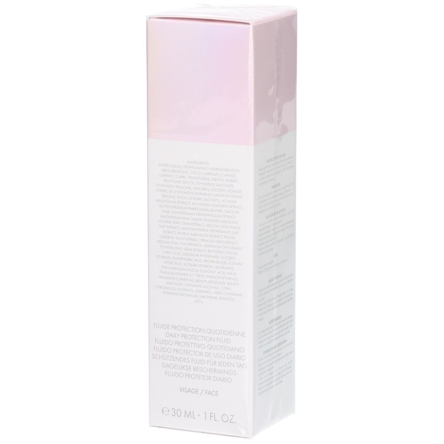 Confezione del fluido protettivo Valmont LumiCity SPF50 con istruzioni d'uso dettagliate e ingredienti.
