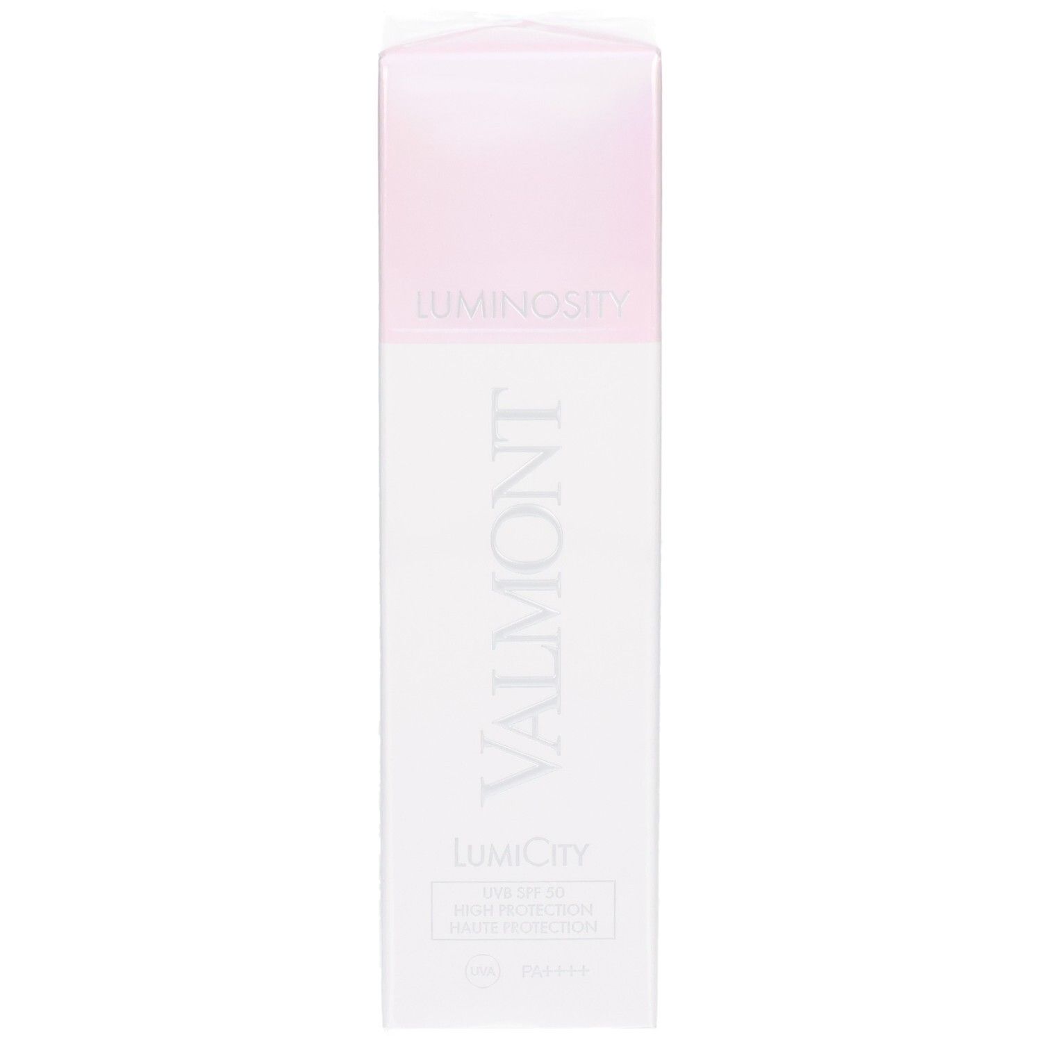 Confezione del fluido protettivo Valmont LumiCity SPF50 con logo del marchio e nome del prodotto.