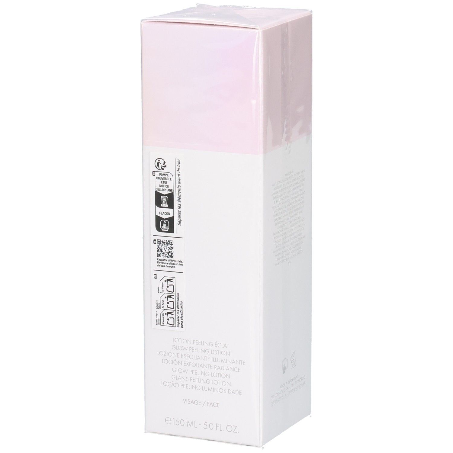 Confezione Valmont LumiPeel con informazioni sul prodotto e codice QR.