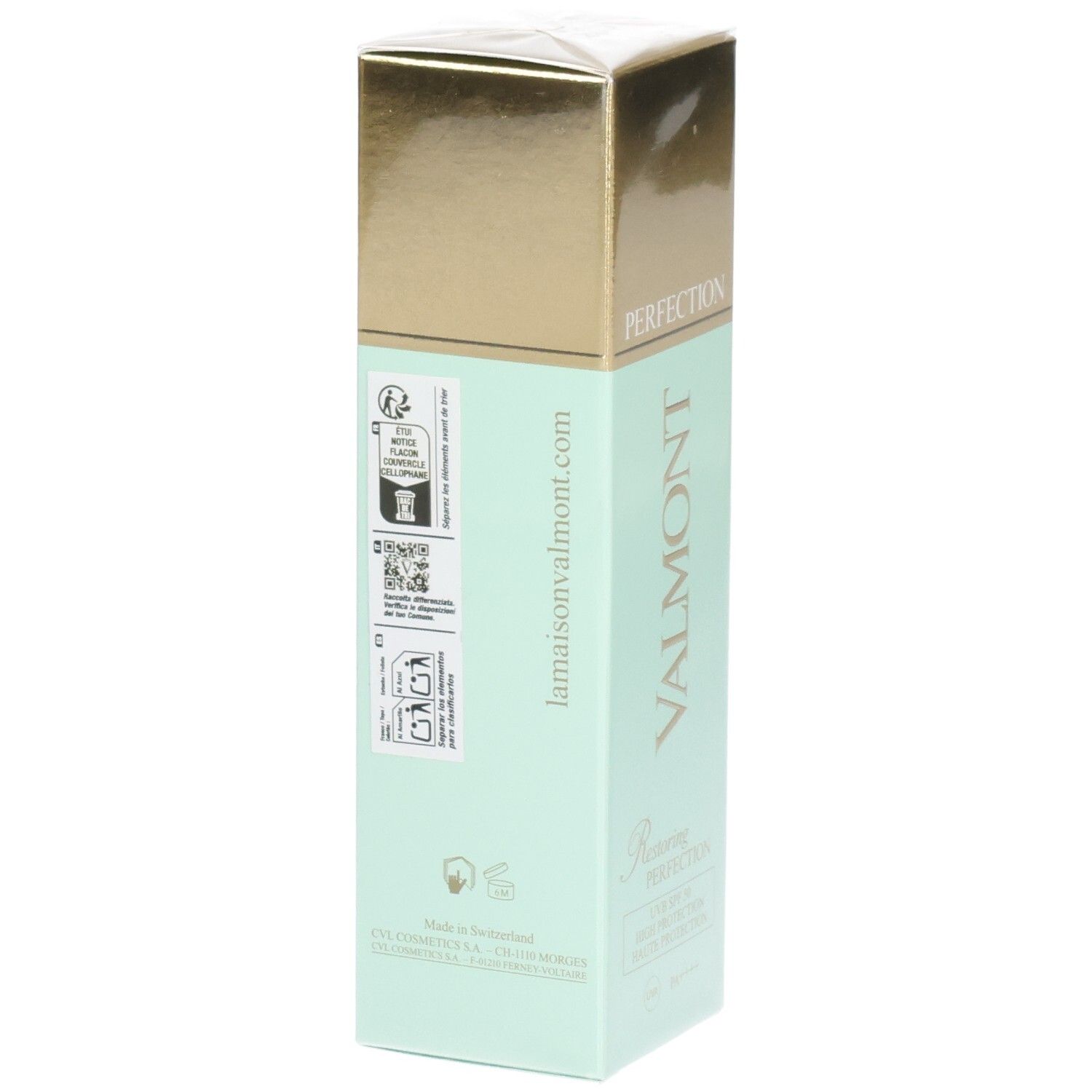 Confezione Valmont Restoring Perfection SPF50 con sigilli e codici QR.