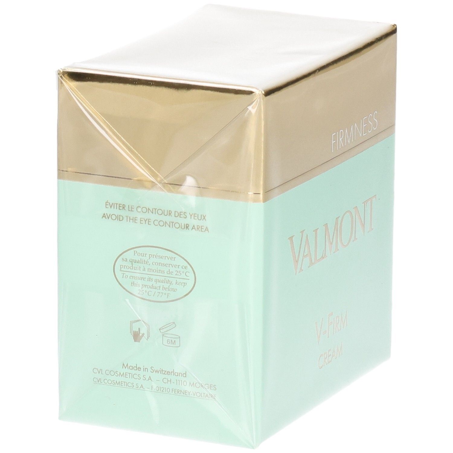 Confezione Valmont V-Firm Cream, lato con avviso per il contorno occhi e "Made in Switzerland".