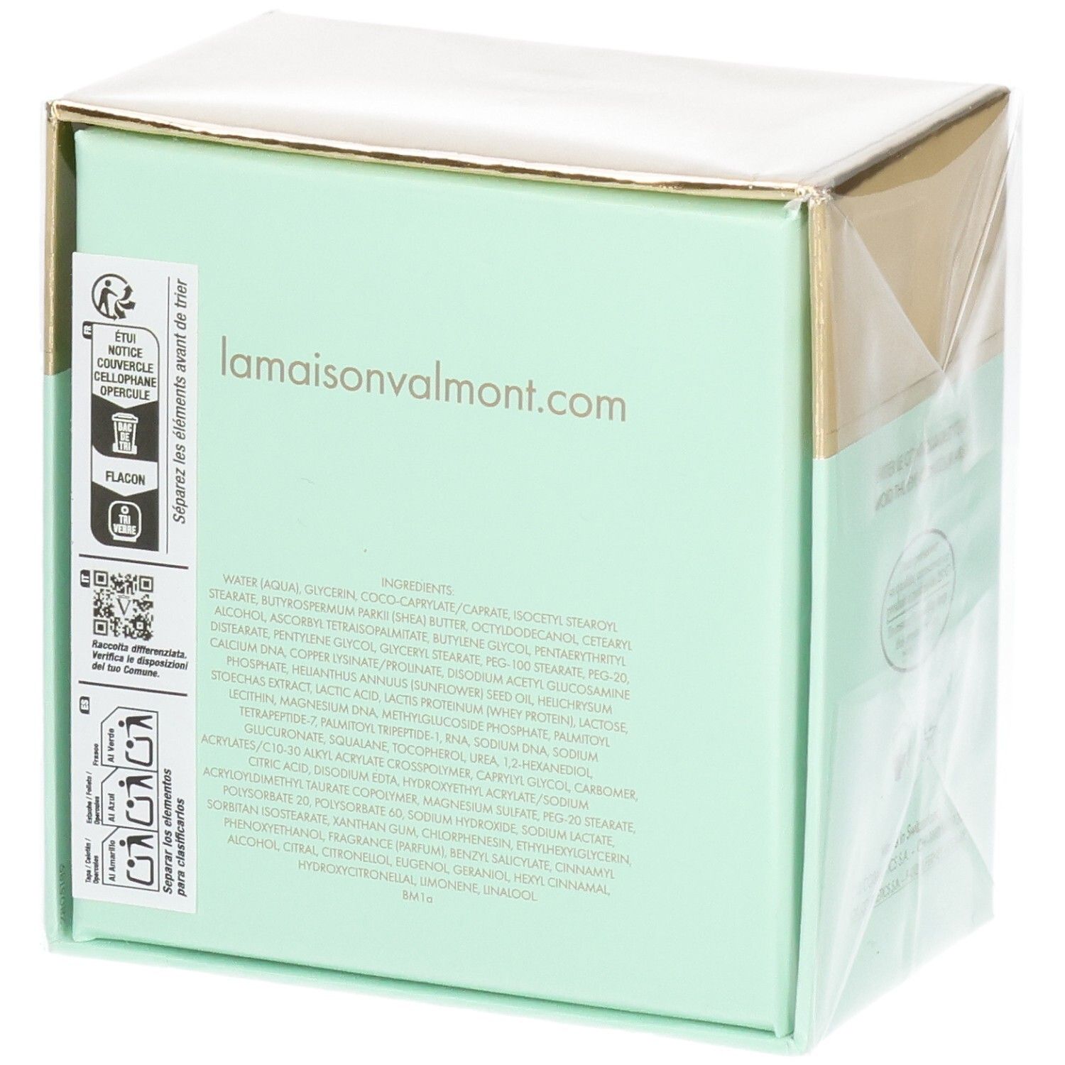 Confezione Valmont V-Firm Cream, retro con elenco ingredienti e "lamaisonvalmont.com".