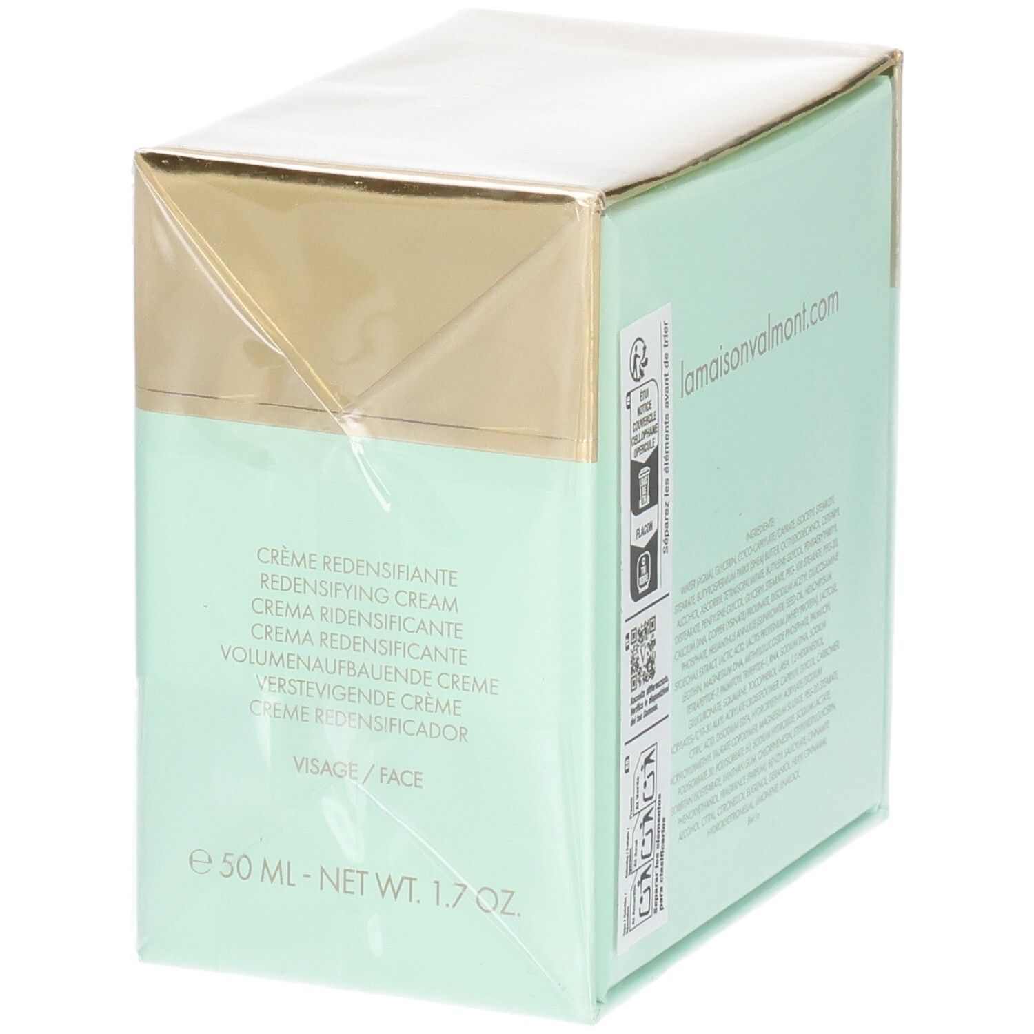 Confezione Valmont V-Firm Cream, lato con nomi prodotto multilingue e "50 ML - NET WT 1.7 OZ".