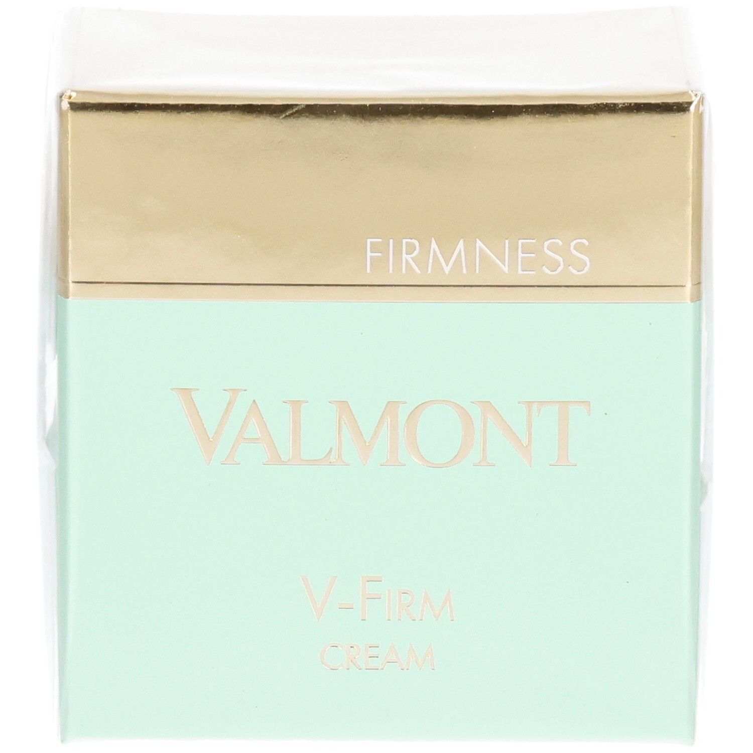 Confezione Valmont V-Firm Cream con fascia dorata e verde menta. "FIRM NESS" e "VALMONT" sono stampati sul davanti.