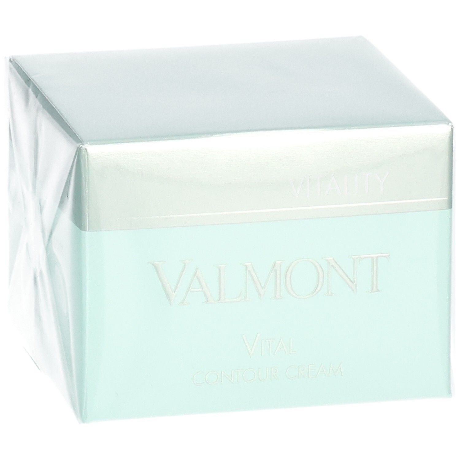 Confezione Valmont Vital Contour Cream, verde menta e argento, angolata.