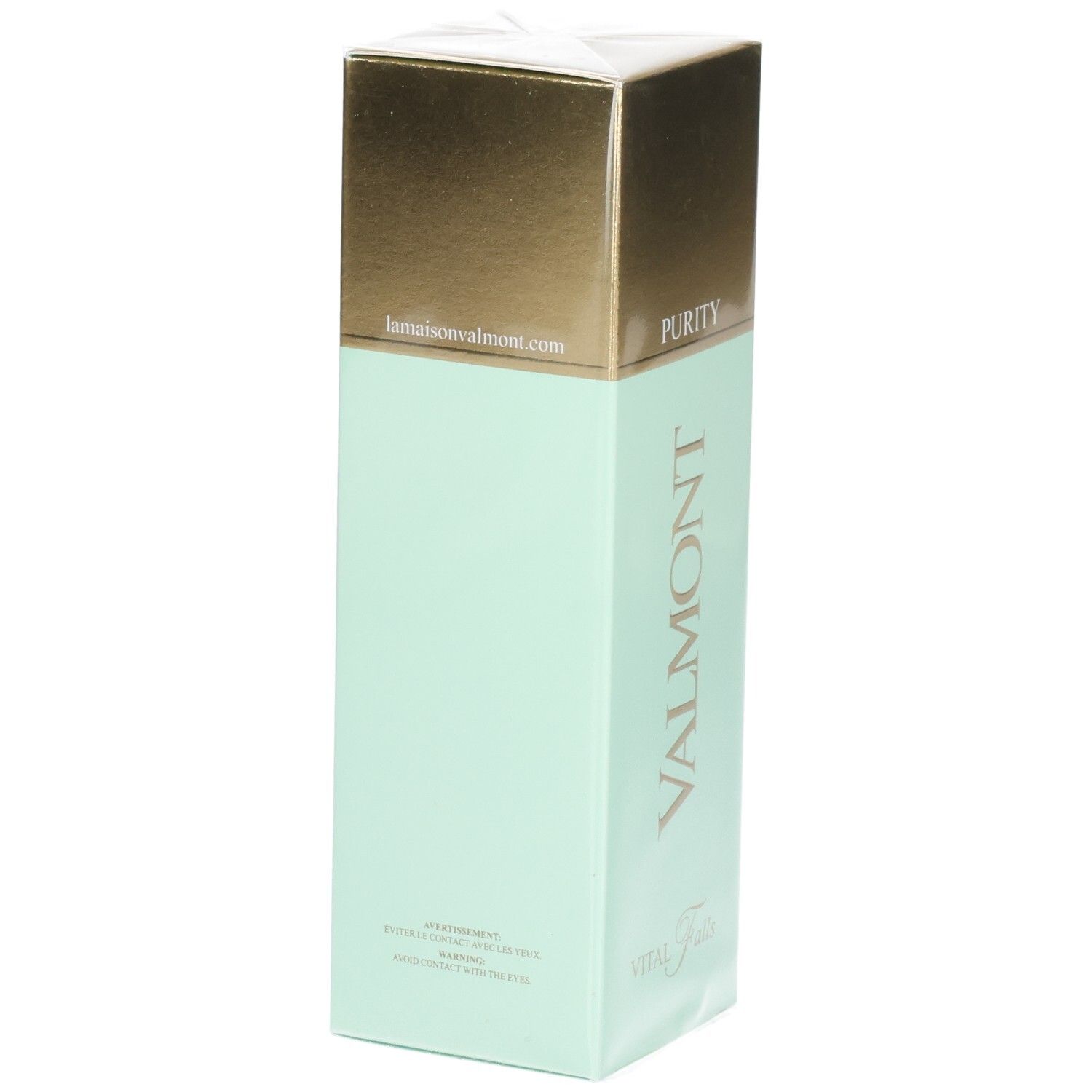 Valmont Vital Falls Lozione Purezza, confezione verde menta con cappuccio dorato e sito web.