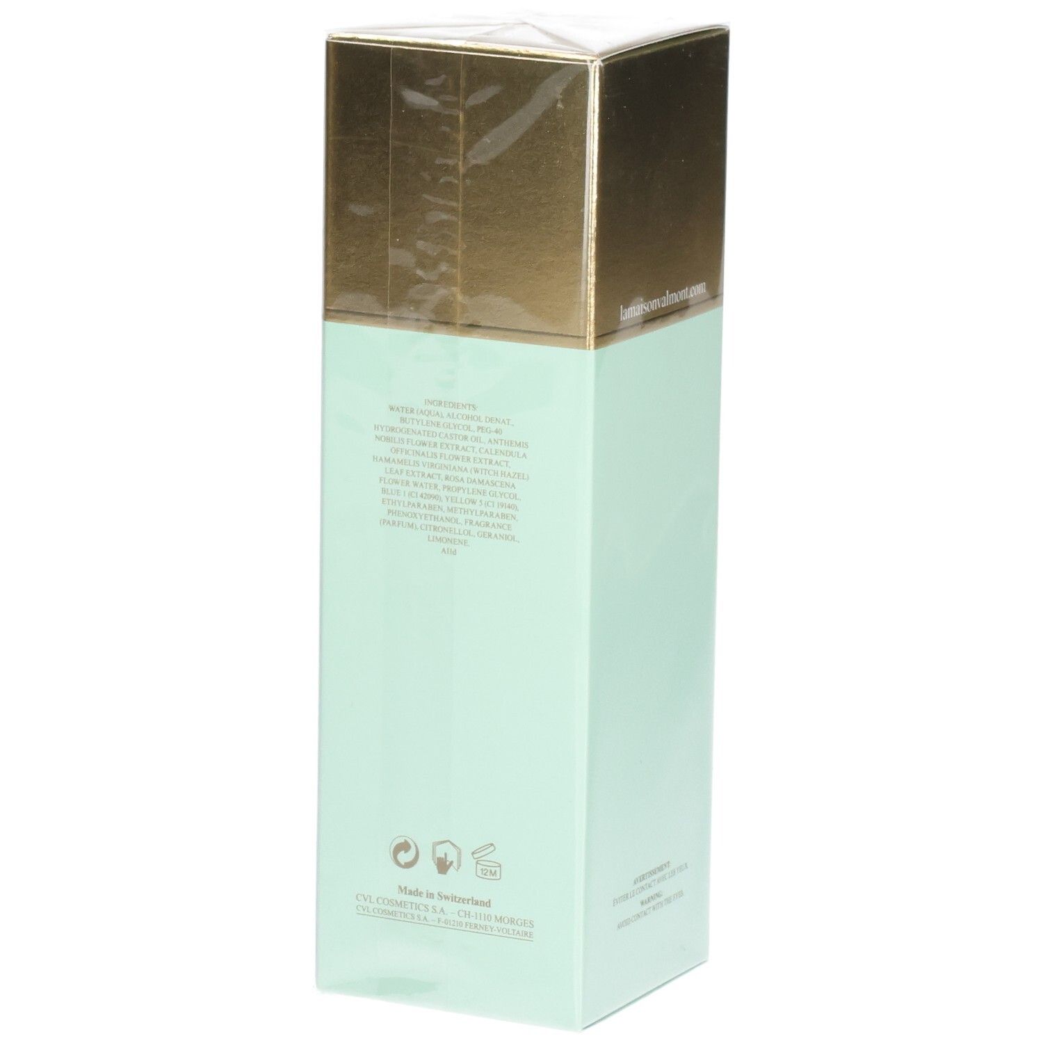 Valmont Vital Falls Lozione Purezza, retro della confezione verde menta con ingredienti.