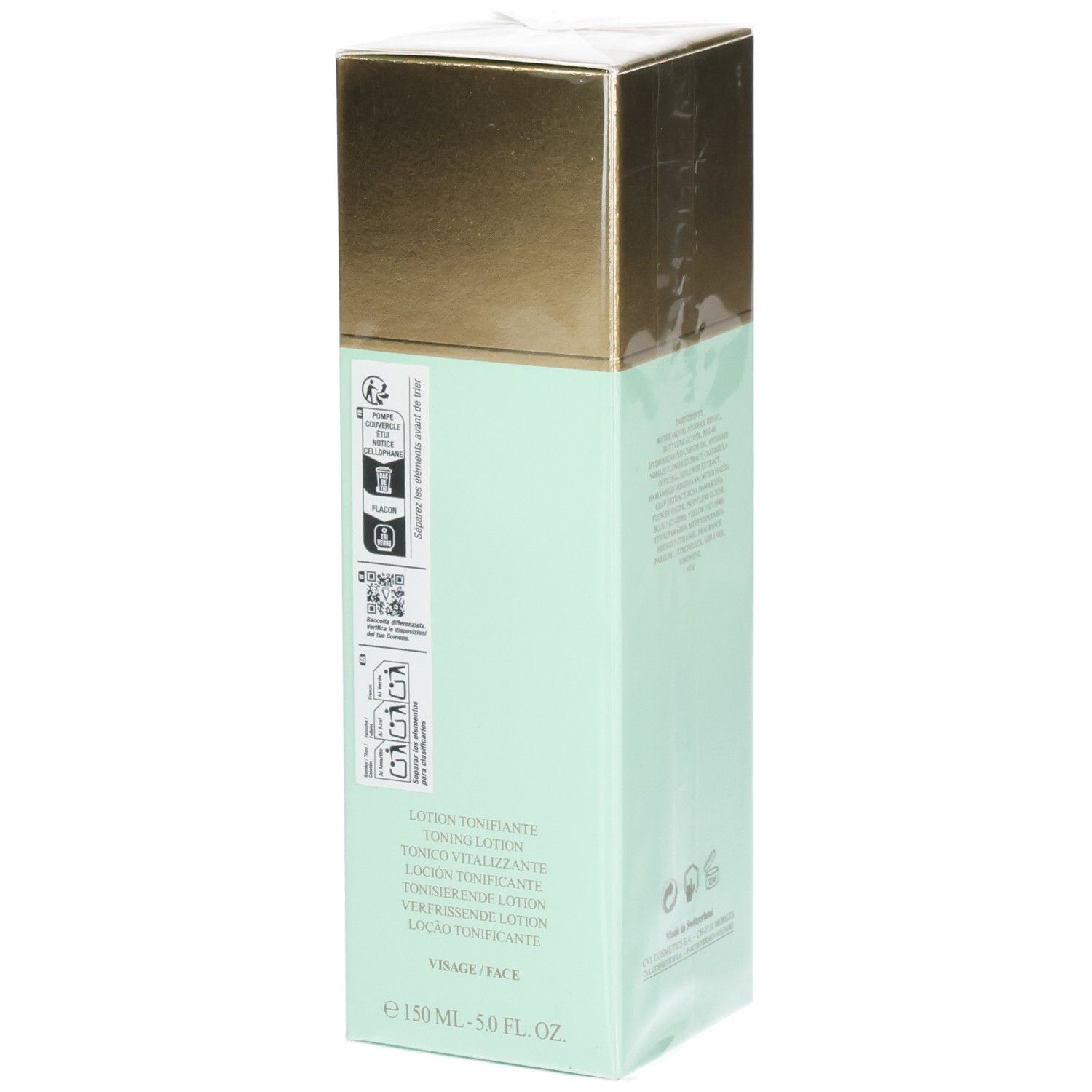 Valmont Vital Falls Lozione Purezza, confezione verde menta con istruzioni e volume.