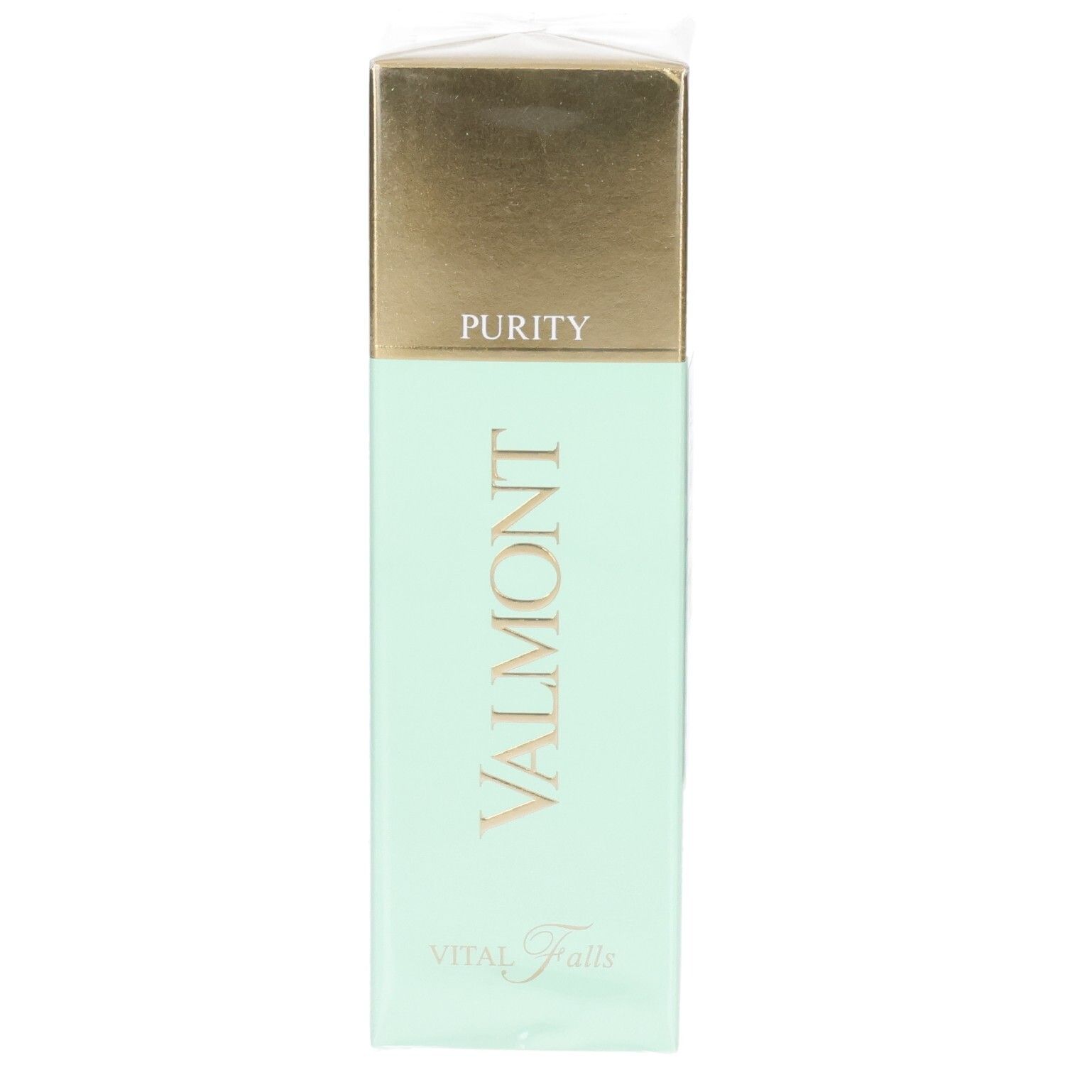 Valmont Vital Falls Lozione Purezza, confezione verde menta con cappuccio dorato e nome del prodotto.