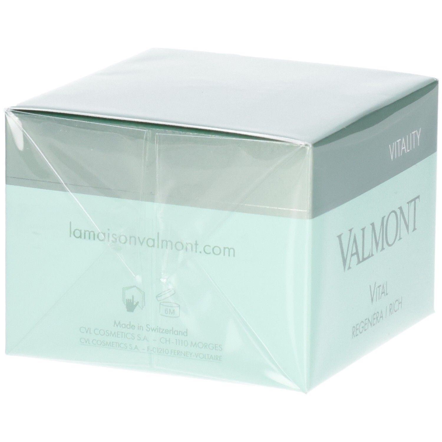 Confezione Valmont Vital Regenera I Rich Crema, retro con sito web e dettagli di produzione.