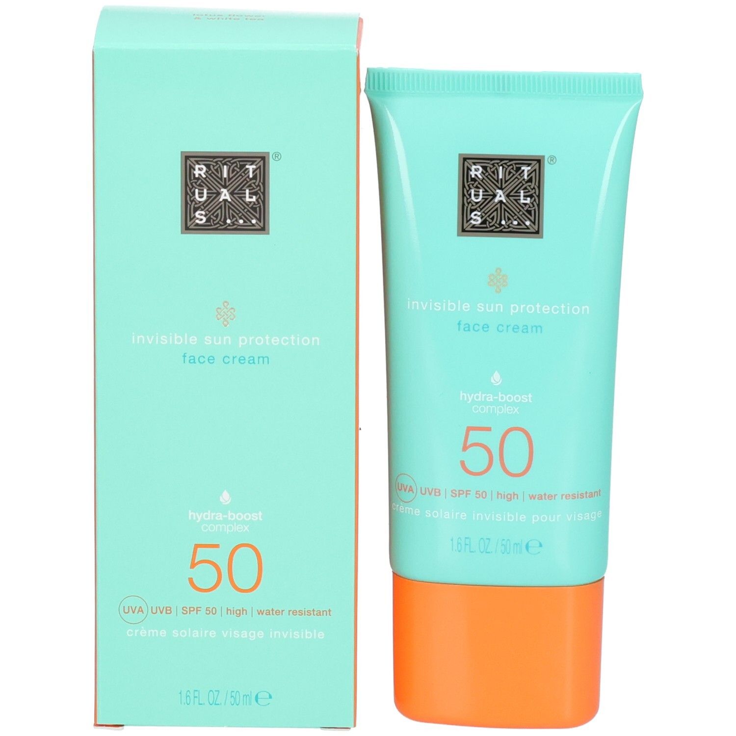 Tubo turchese e scatola di cartone per crema solare viso SPF 50.