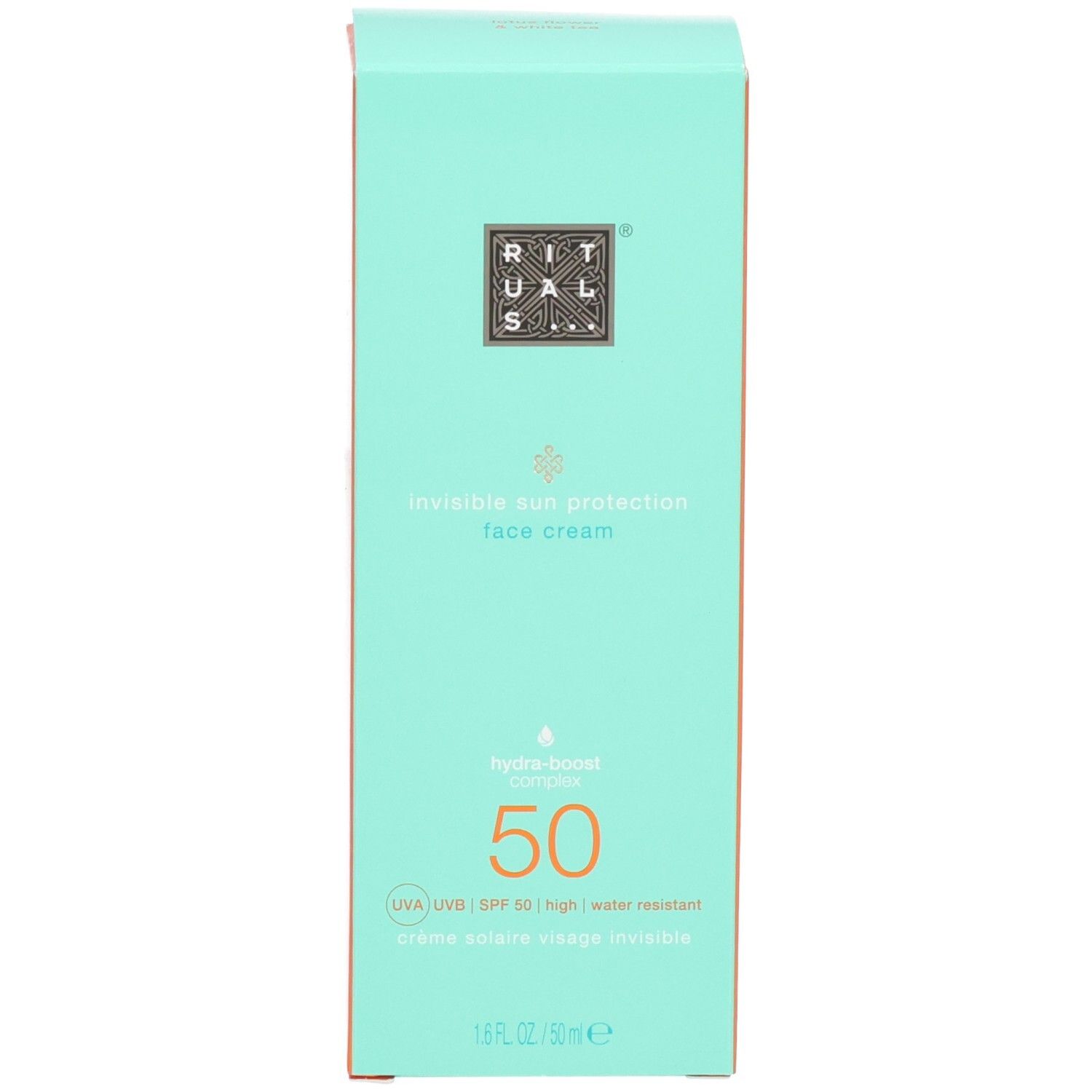 Fronte di una scatola di cartone turchese per crema solare viso SPF 50.