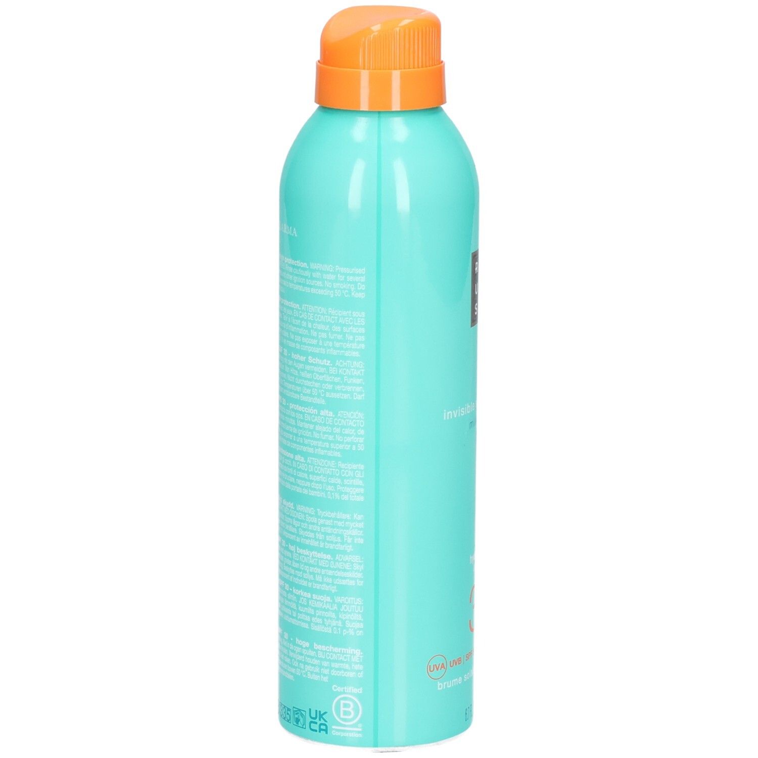 Retro di un flacone spray color acquamarina con protezione solare LSF 30, con testo.