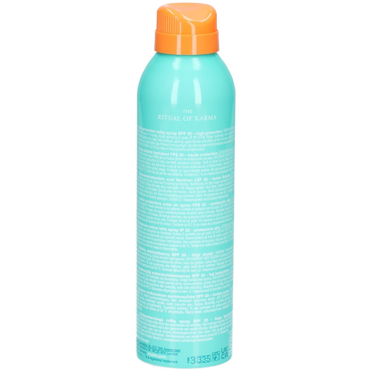 Retro di un flacone spray color acquamarina con protezione solare LSF 30, con testo.