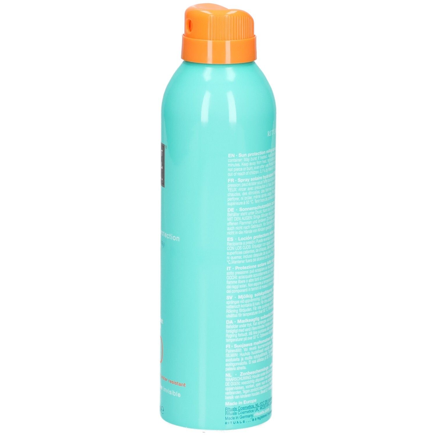 Flacone spray color acquamarina con protezione solare LSF 30 e tappo arancione.