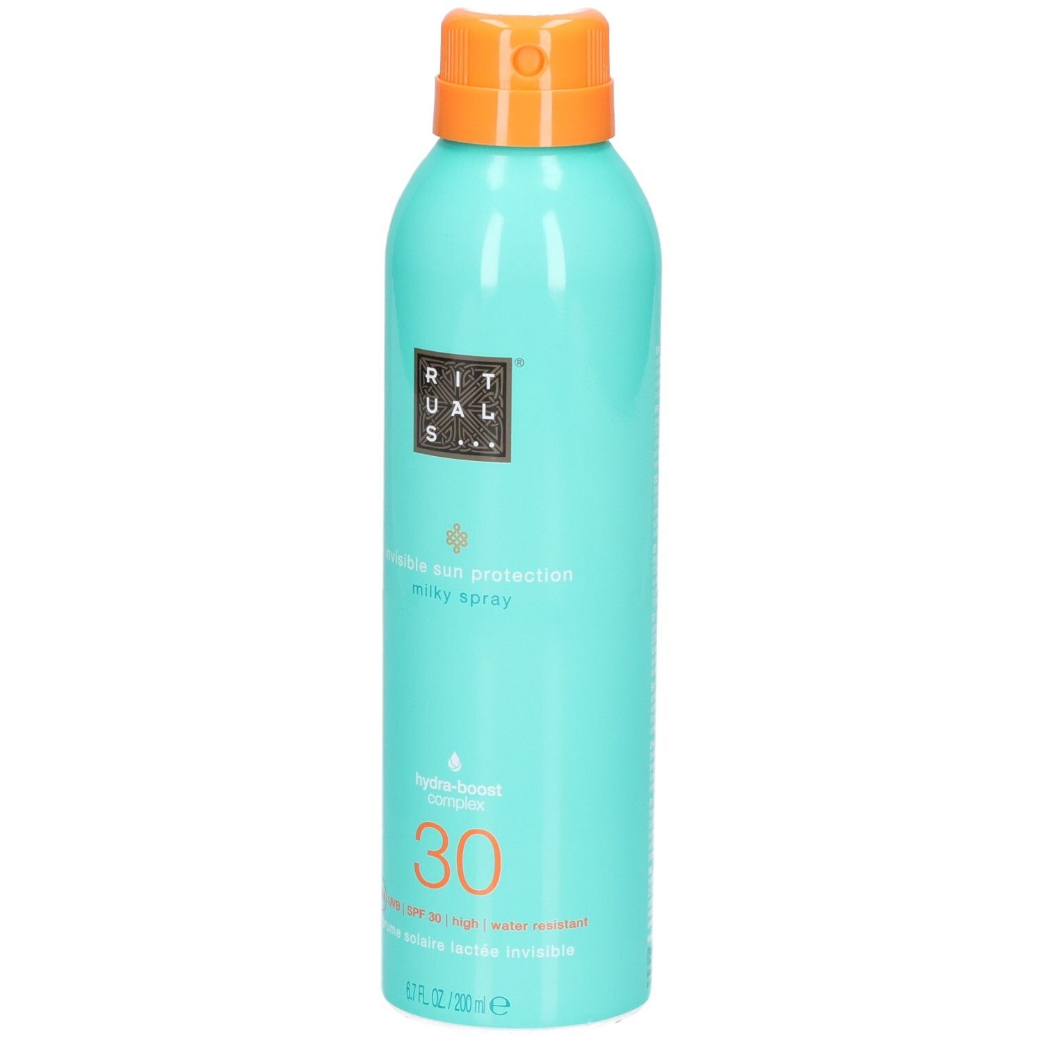 Flacone spray color acquamarina con protezione solare LSF 30 e tappo arancione.