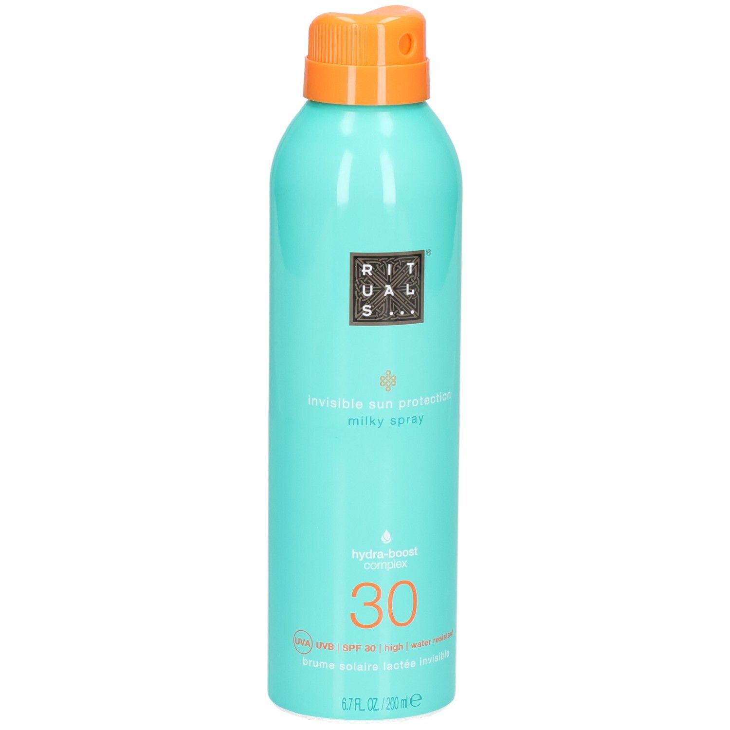 Flacone spray color acquamarina con protezione solare LSF 30 e tappo arancione.