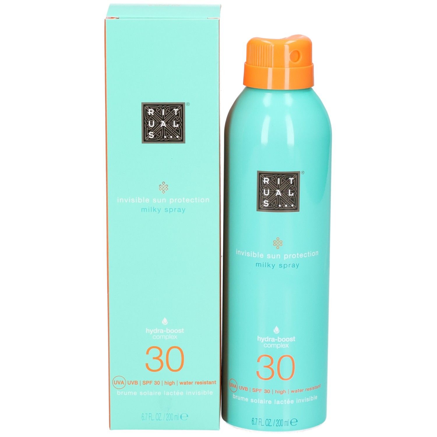 Flacone spray color acquamarina con protezione solare LSF 30 e tappo arancione, accanto alla sua scatola.