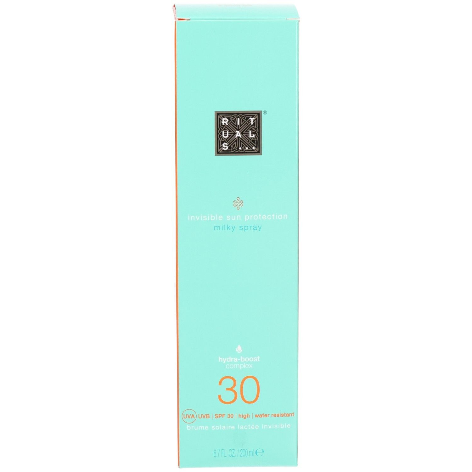 Scatola color acquamarina per protezione solare LSF 30 con tappo arancione.