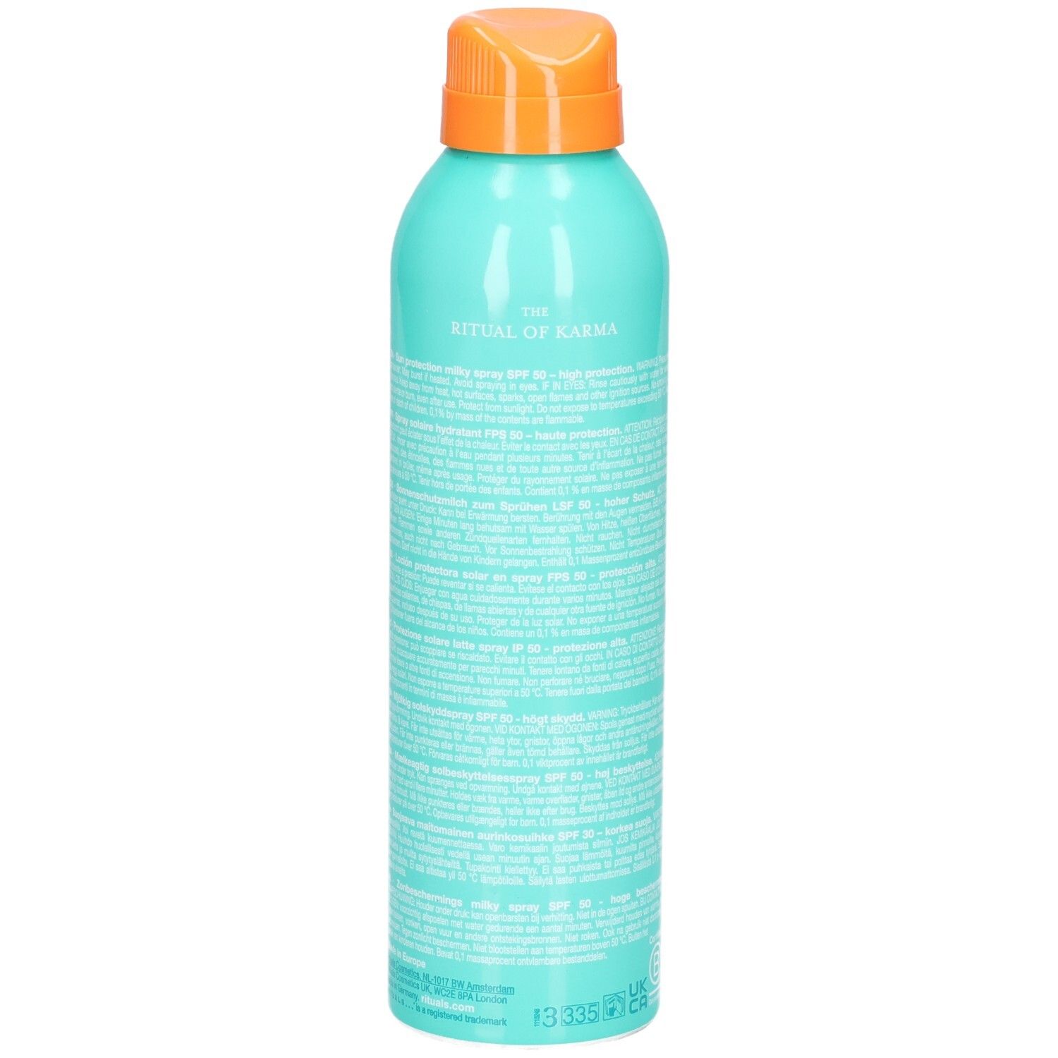 Flacone spray turchese con tappo arancione. Retro con informazioni dettagliate sul prodotto in più lingue.
