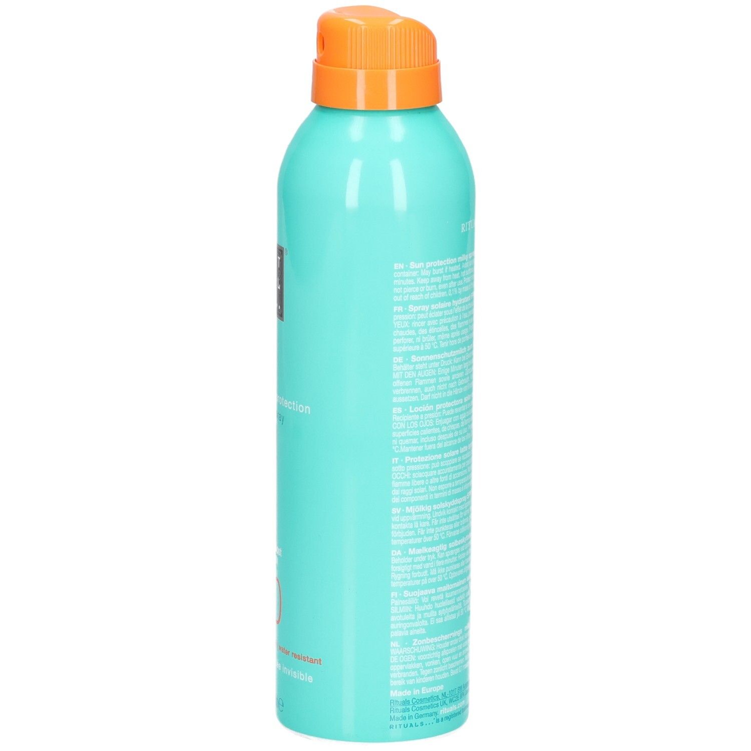 Flacone spray turchese con tappo arancione. Lato con informazioni sul prodotto e sigilli.