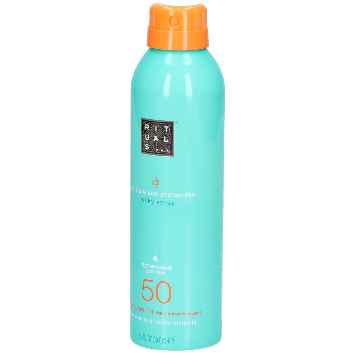 Flacone spray turchese con tappo arancione. Fronte con logo, nome del prodotto e SPF 50.