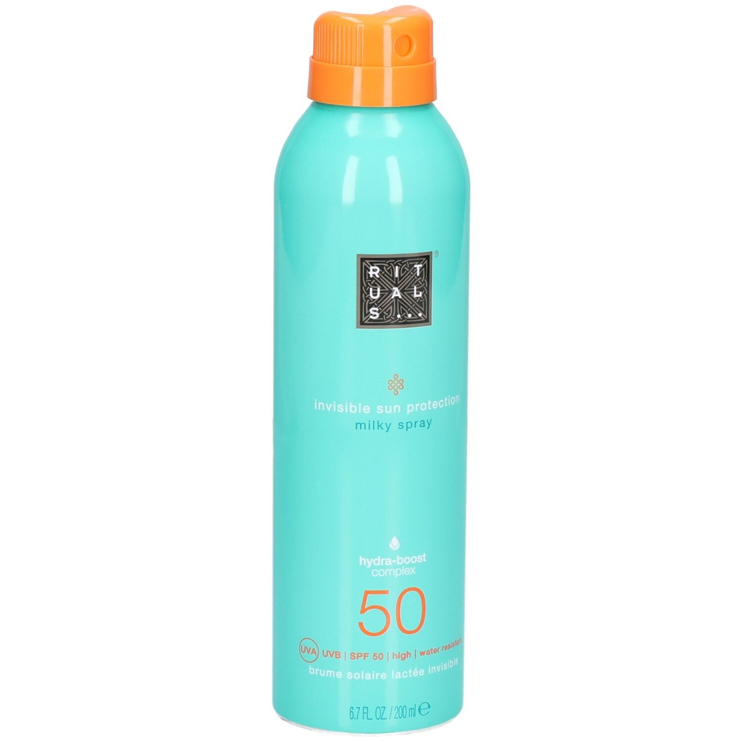 Flacone spray turchese con tappo arancione. Fronte con logo, nome del prodotto e SPF 50.