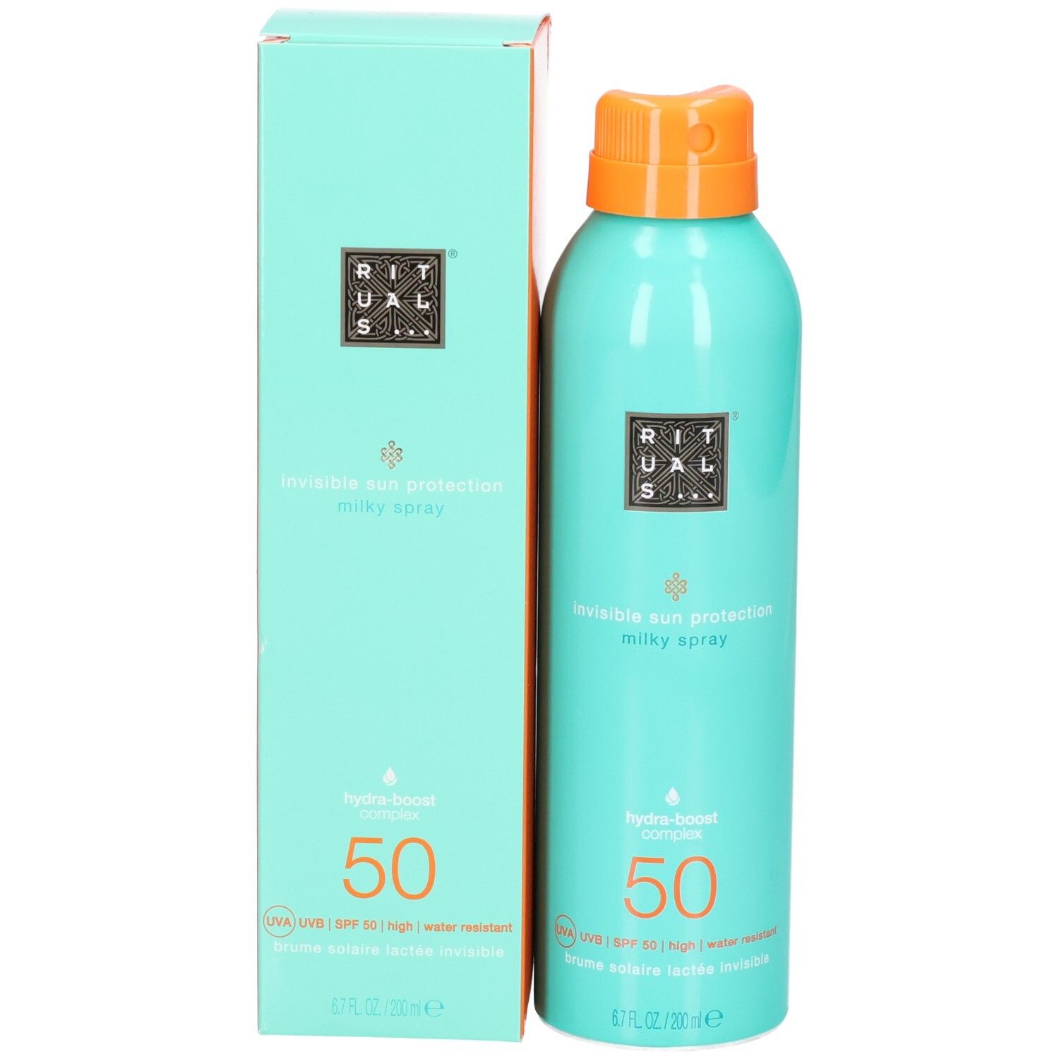 Flacone spray turchese con tappo arancione accanto alla sua scatola di imballaggio coordinata.