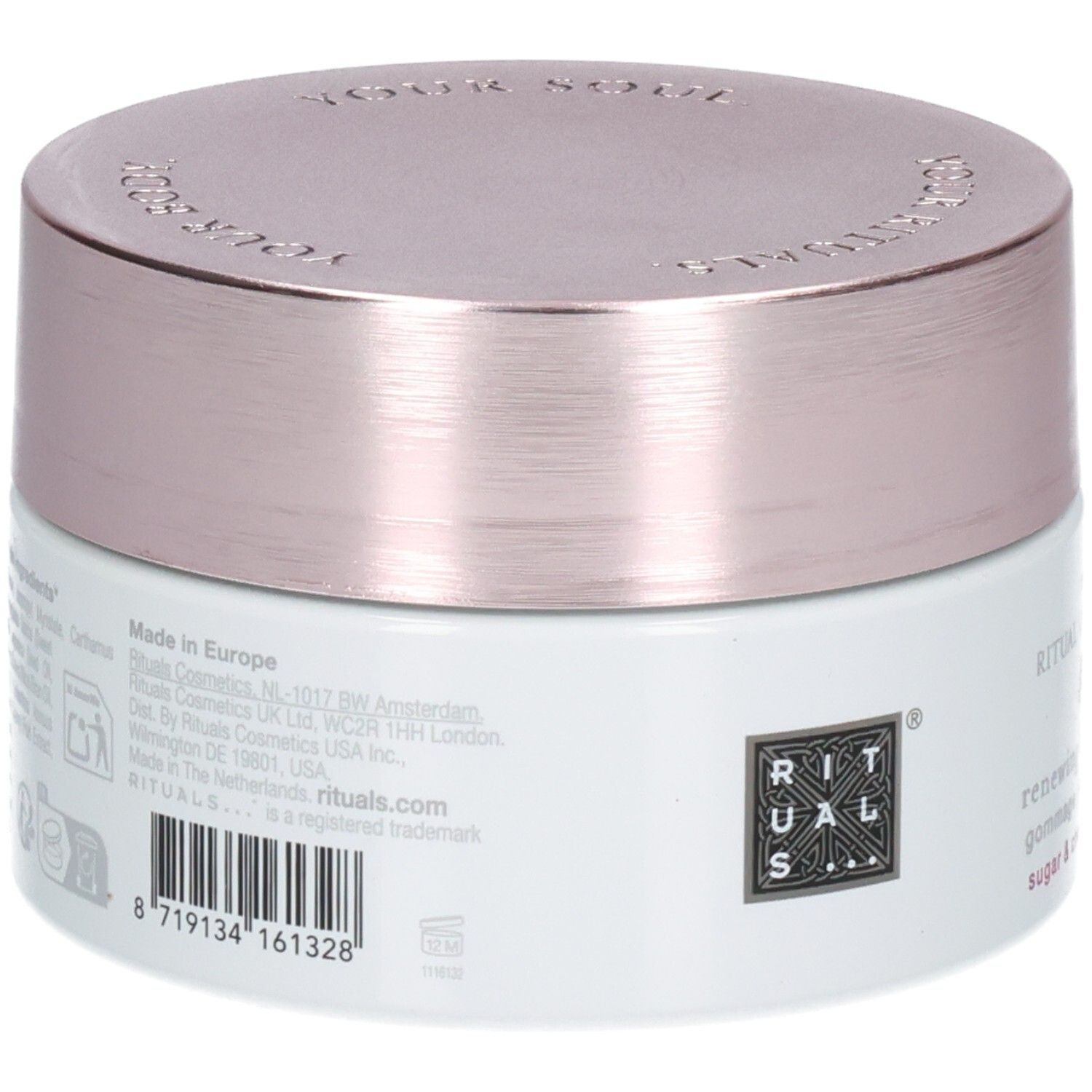 Retro dello scrub corpo Rituals The Ritual of Sakura con codice a barre e informazioni del produttore.