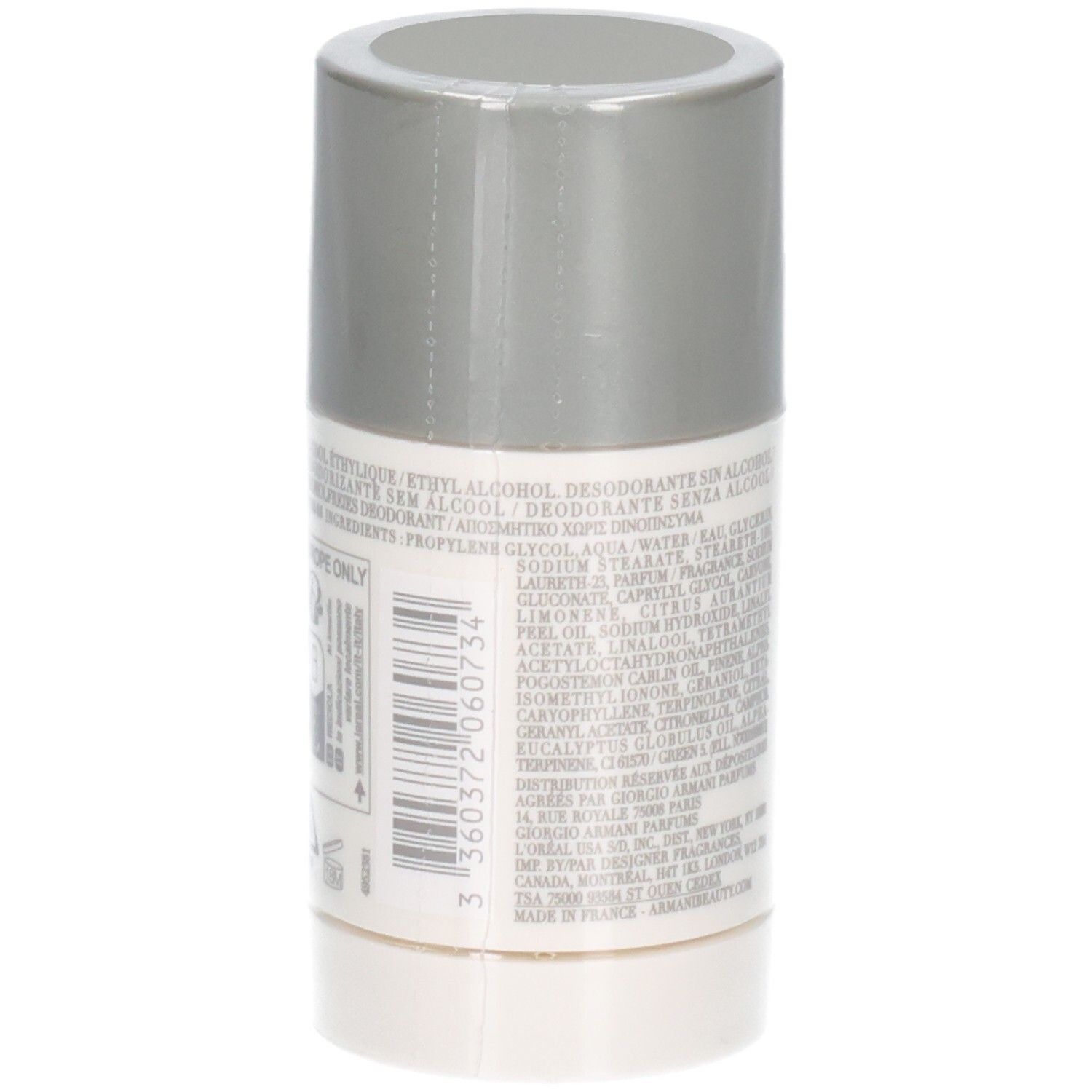 Giorgio Armani Acqua Di Gio Deodorant Stick, 75g. Retro con codice a barre e ingredienti.