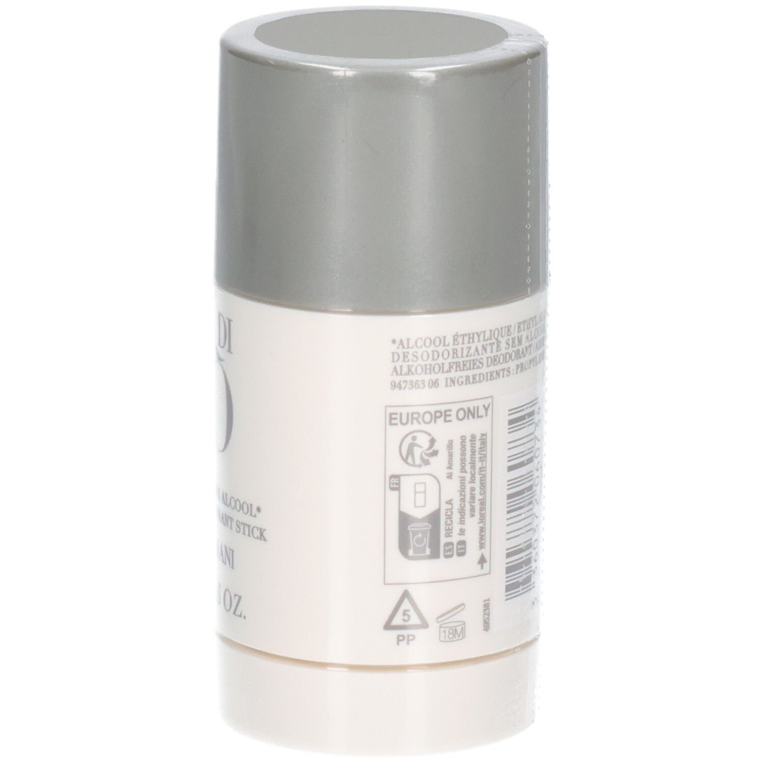 Giorgio Armani Acqua Di Gio Deodorant Stick, 75g. Vista laterale con simboli e testo.