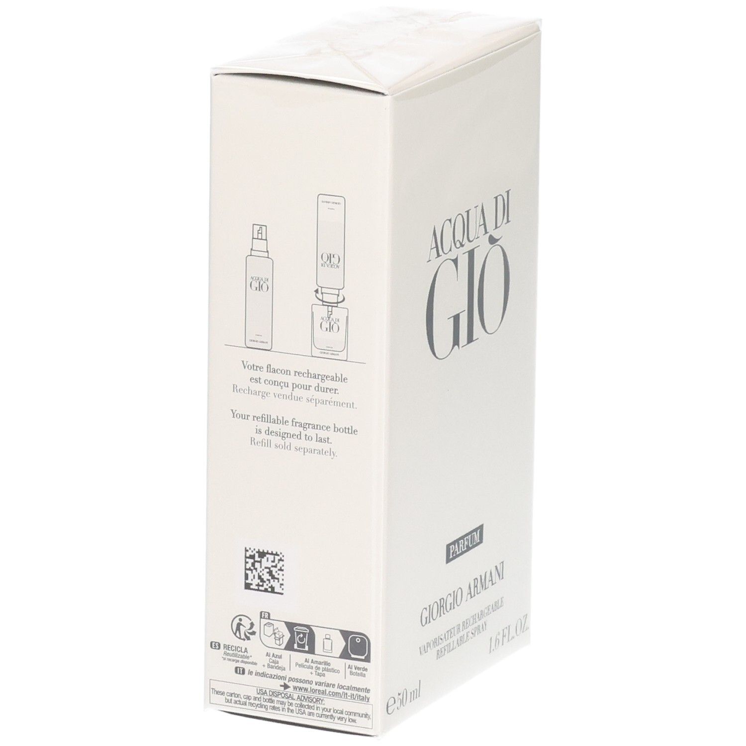 Confezione con istruzioni per la ricarica del vaporizzatore Giorgio Armani Acqua di Gio Parfum.