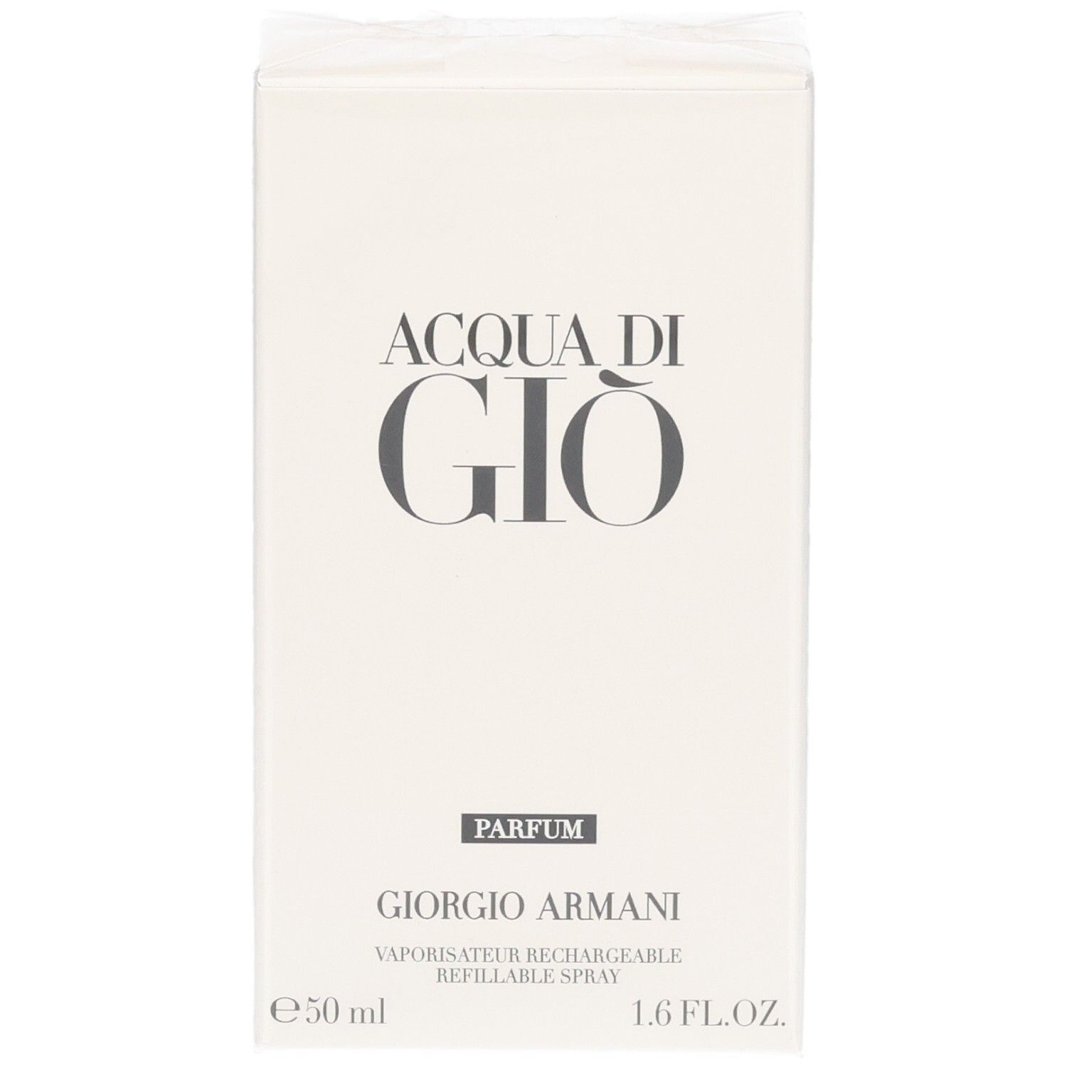 Fronte della confezione Giorgio Armani Acqua di Gio Parfum Vaporisateur Rechargeable, 50 ml.