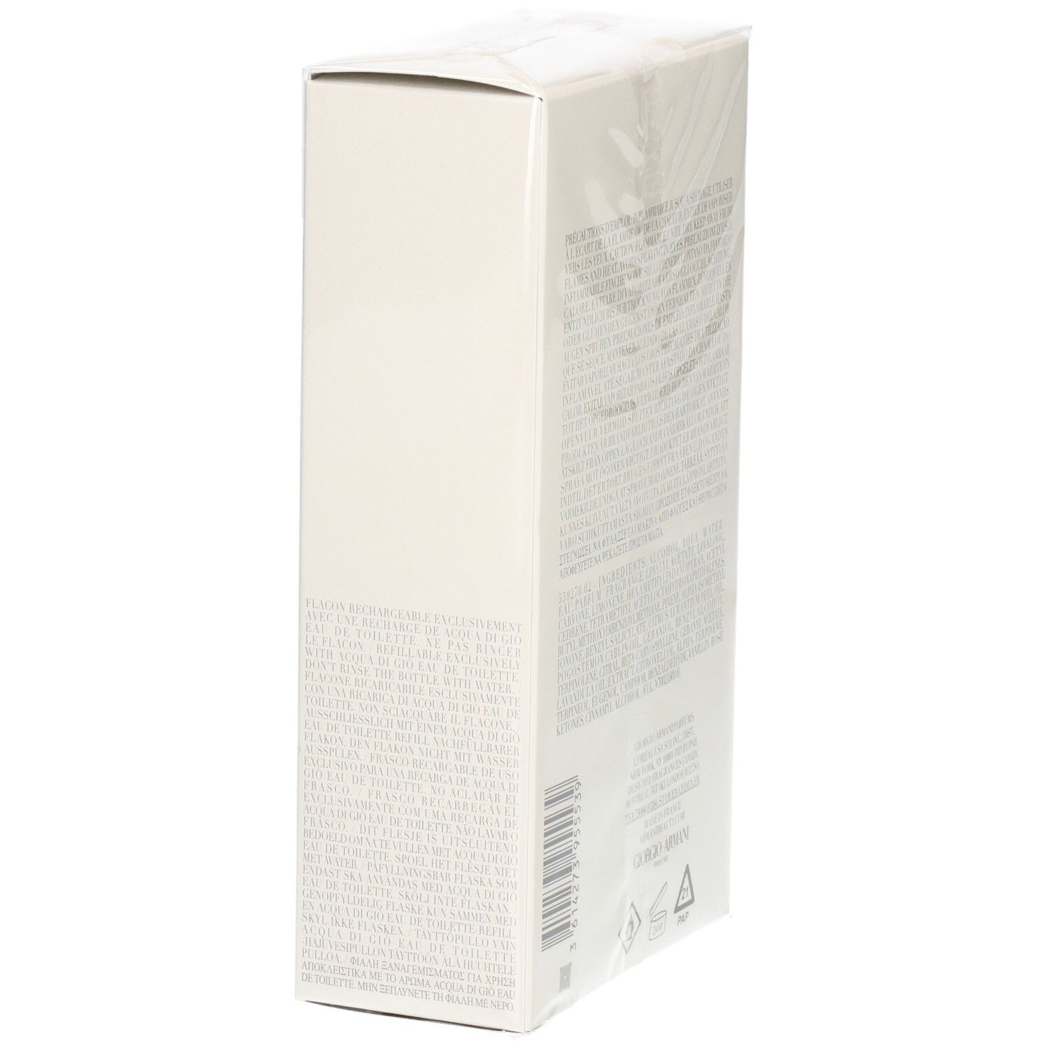 Lato della confezione Giorgio Armani Acqua Di Giò Pour Homme Eau de Toilette con testo e codice a barre.