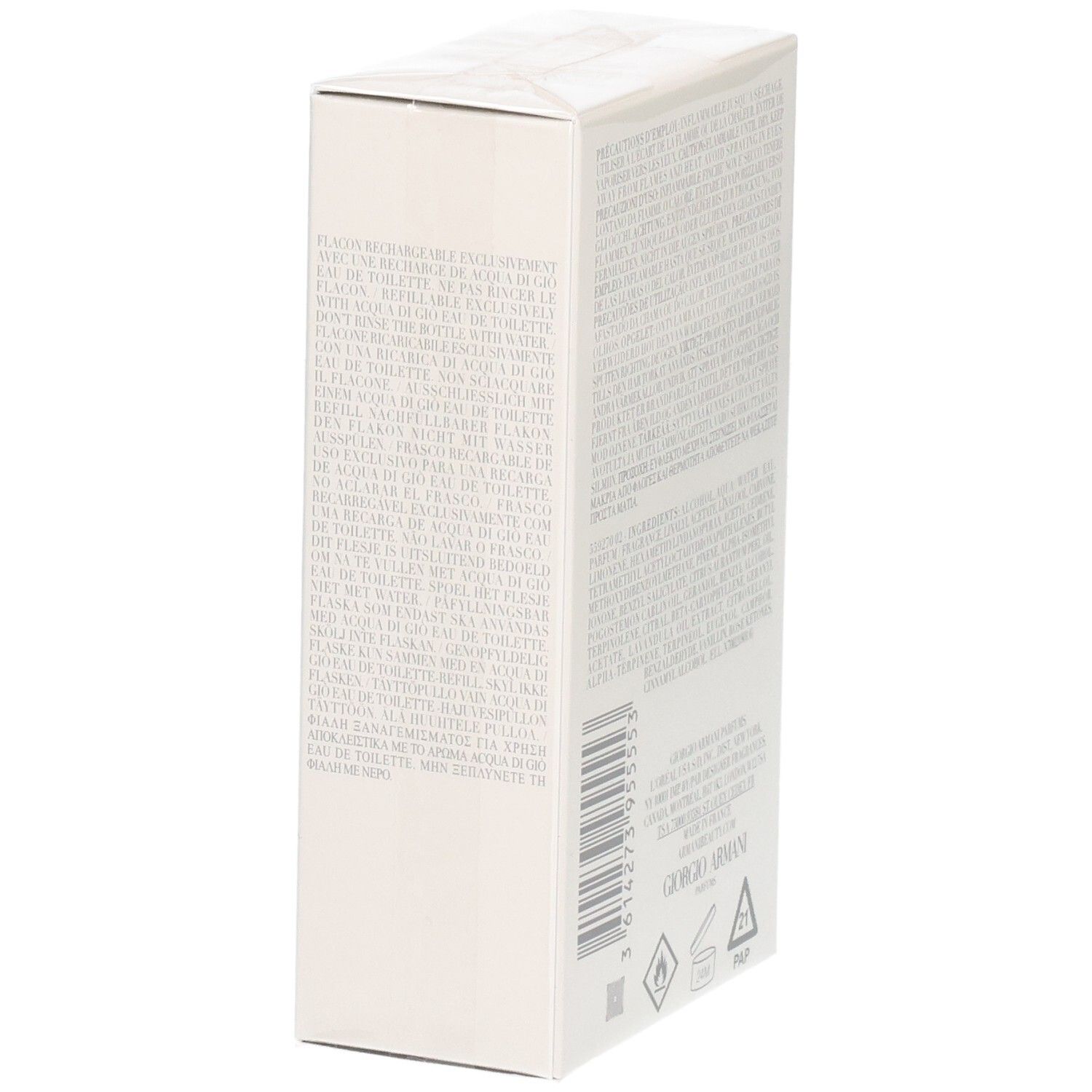 Confezione bianca Giorgio Armani per profumo con testo e codice a barre.