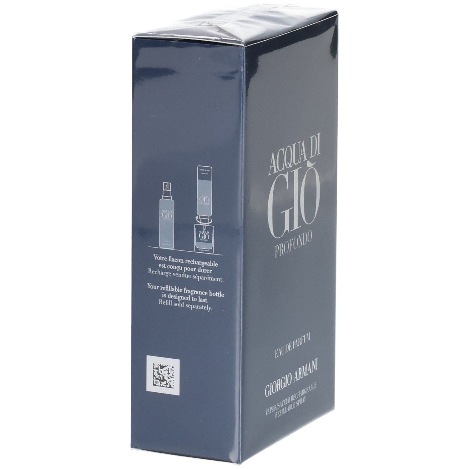 Lato della confezione Giorgio Armani Acqua di Gio Profondo Eau de Parfum con indicazione di ricarica.