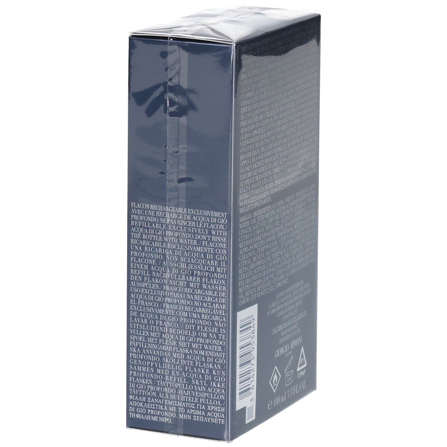 Lato della confezione Giorgio Armani Acqua di Gio Profondo Eau de Parfum con indicazione di ricarica.