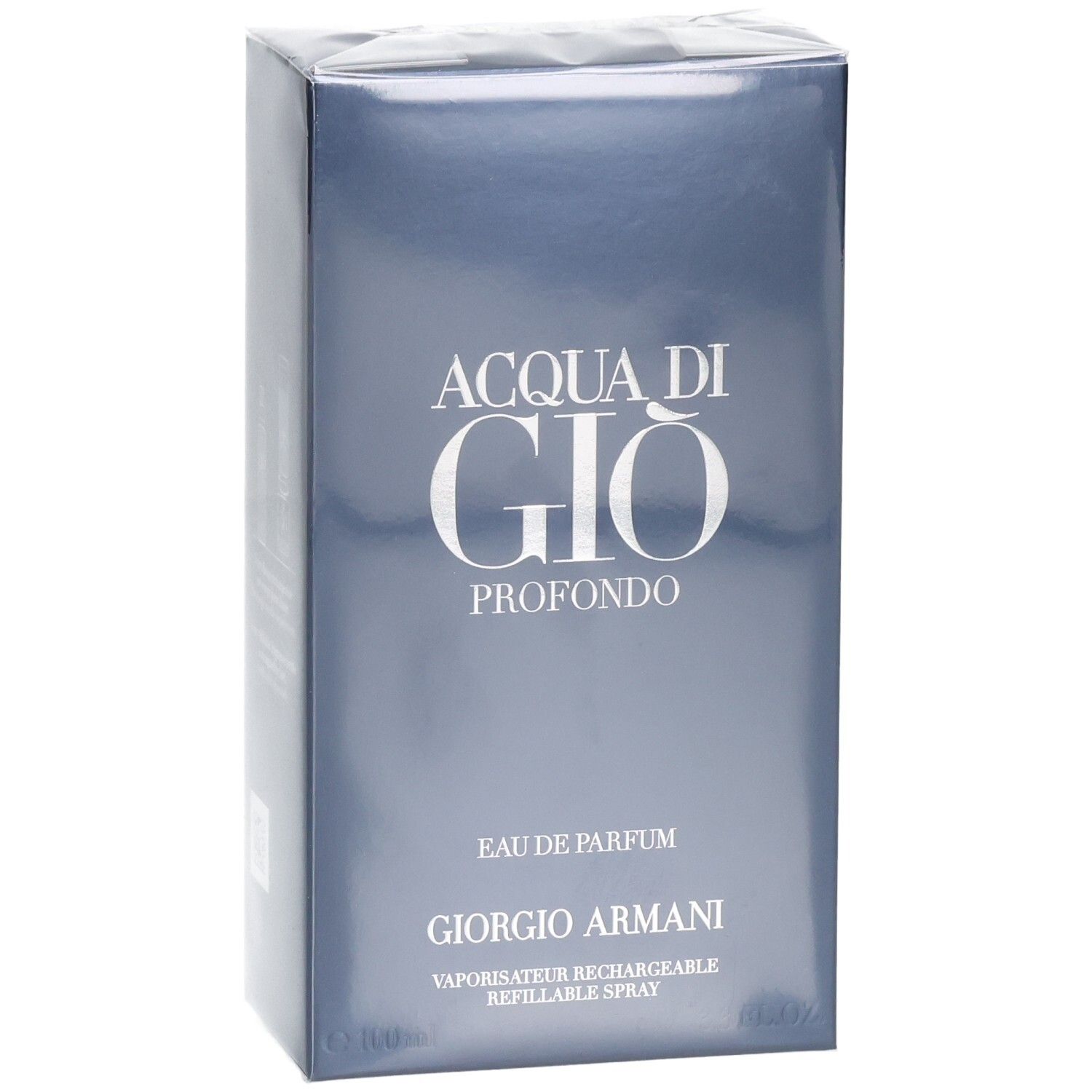 Confezione Giorgio Armani Acqua di Gio Profondo Eau de Parfum, vista di tre quarti anteriore.