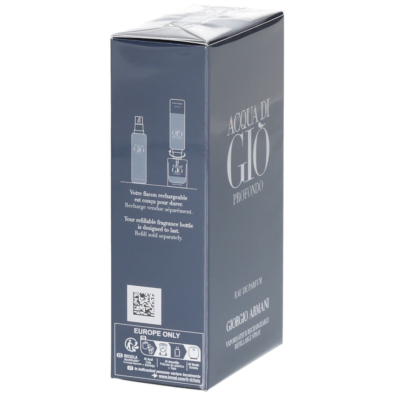 Scatola Giorgio Armani Acqua di Gio Profondo Eau de Parfum. Mostra le istruzioni di ricarica.