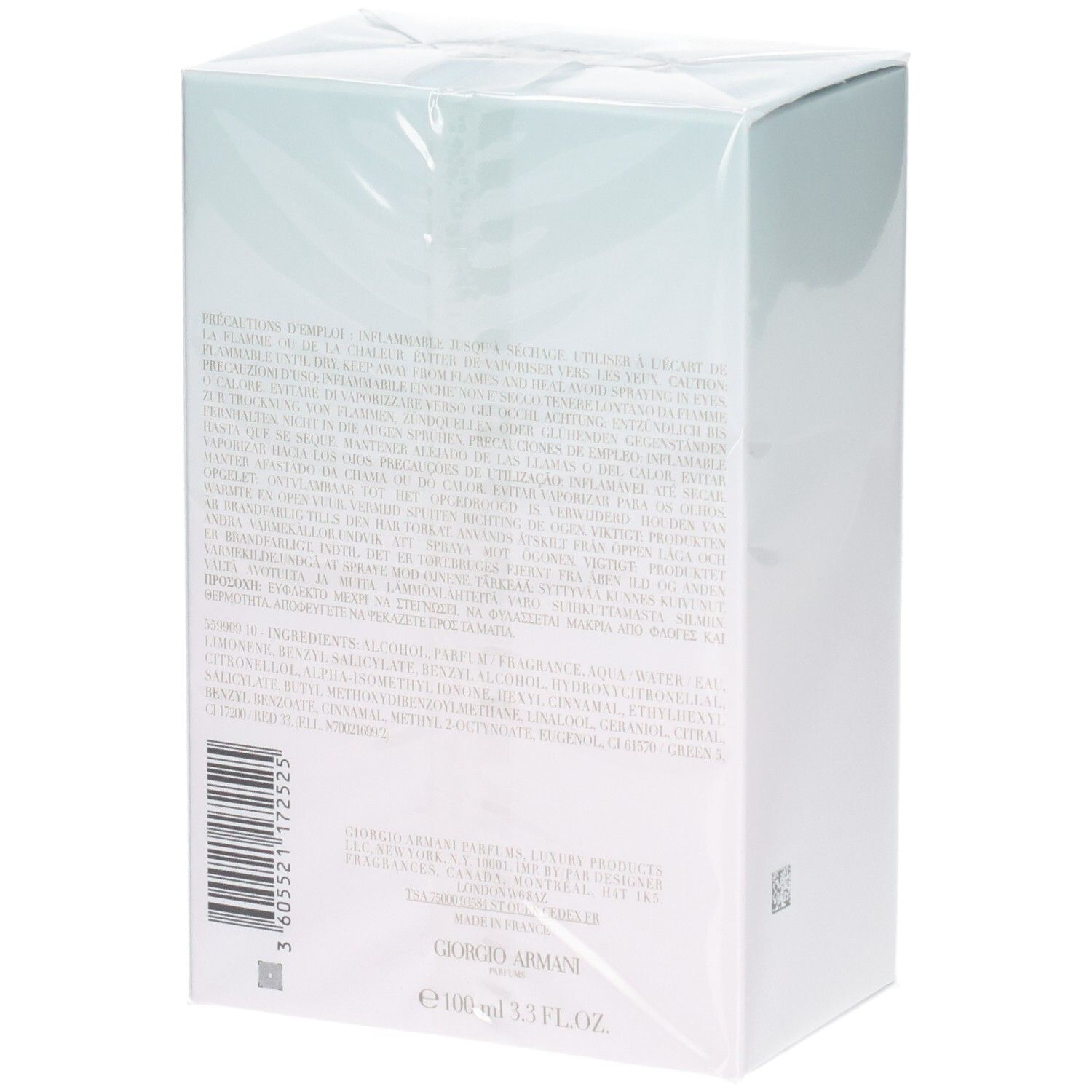 Confezione Giorgio Armani Acqua di Gioia Eau de Parfum, retro con ingredienti e codice a barre.