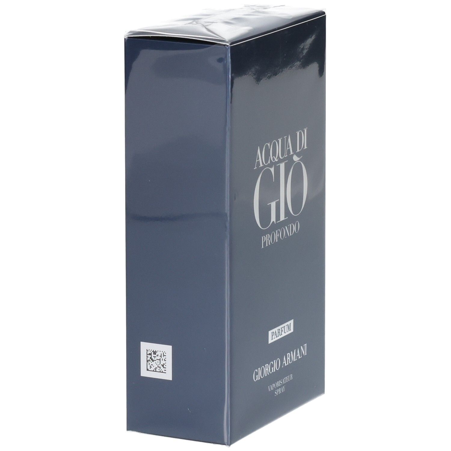Confezione blu scuro da profumo Giorgio Armani Acqua di Gio Profondo con scritte bianche.