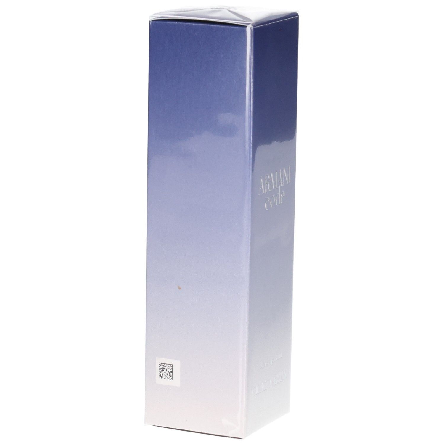 Confezione Armani Code con sfumatura blu e codice QR.