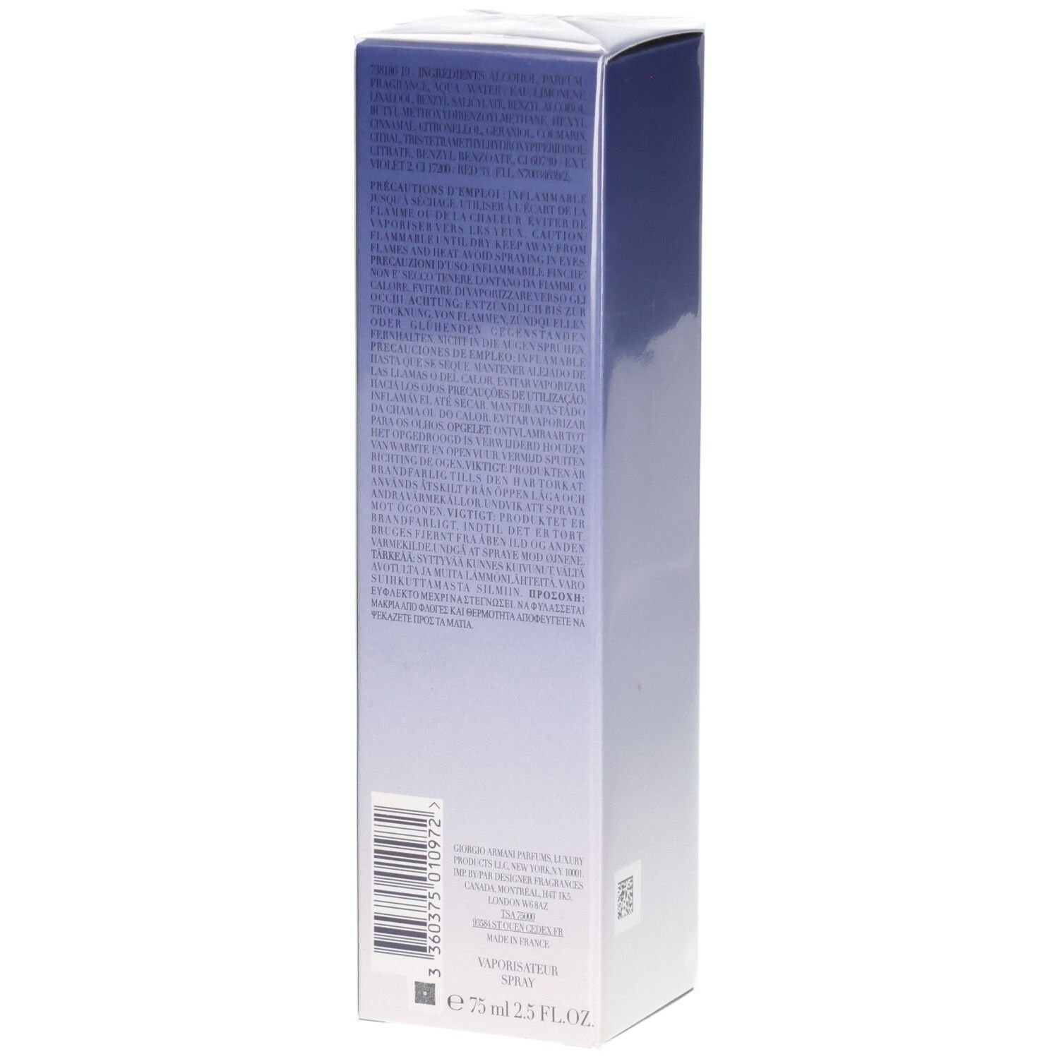 Confezione con testo e codice a barre. Contiene 75 ml 2.5 FL.OZ.